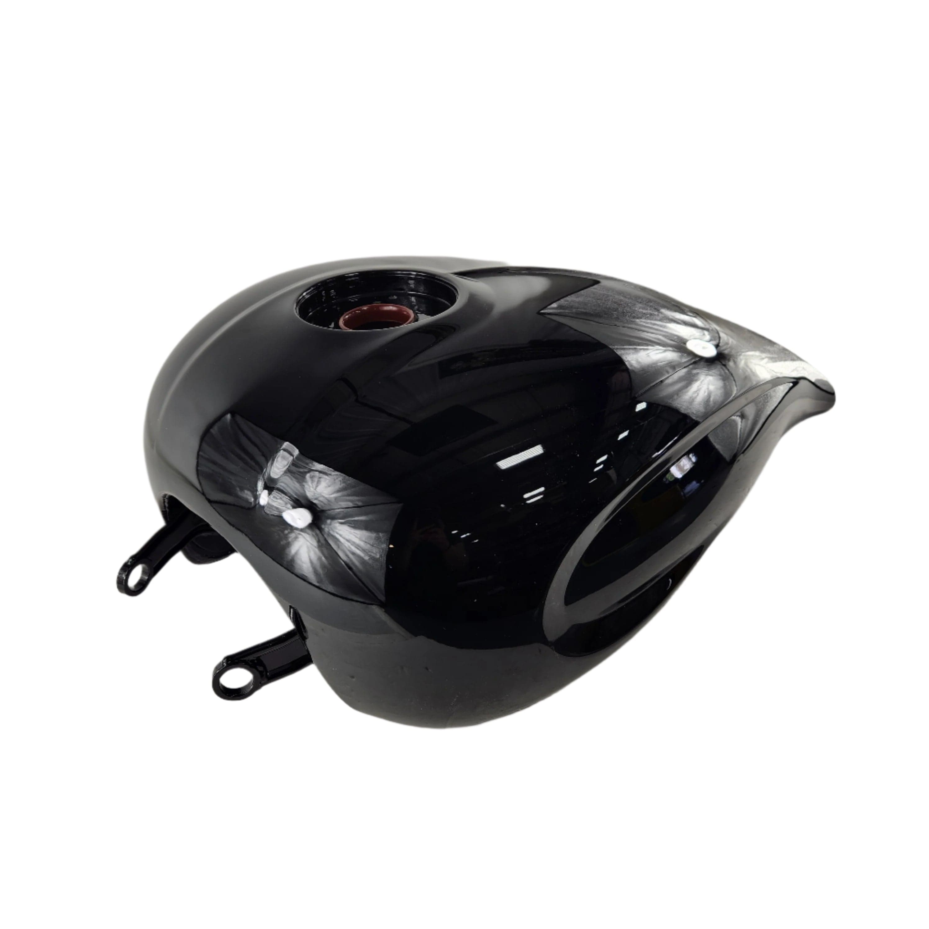 The Tank, Fuel, Spine, Black by Polaris is a glossy black motorcycle fuel tank with a round top opening and two bottom mounting brackets, designed for Victory motorcycles. Ideal OEM Victory Polaris part. Shown on a white background.