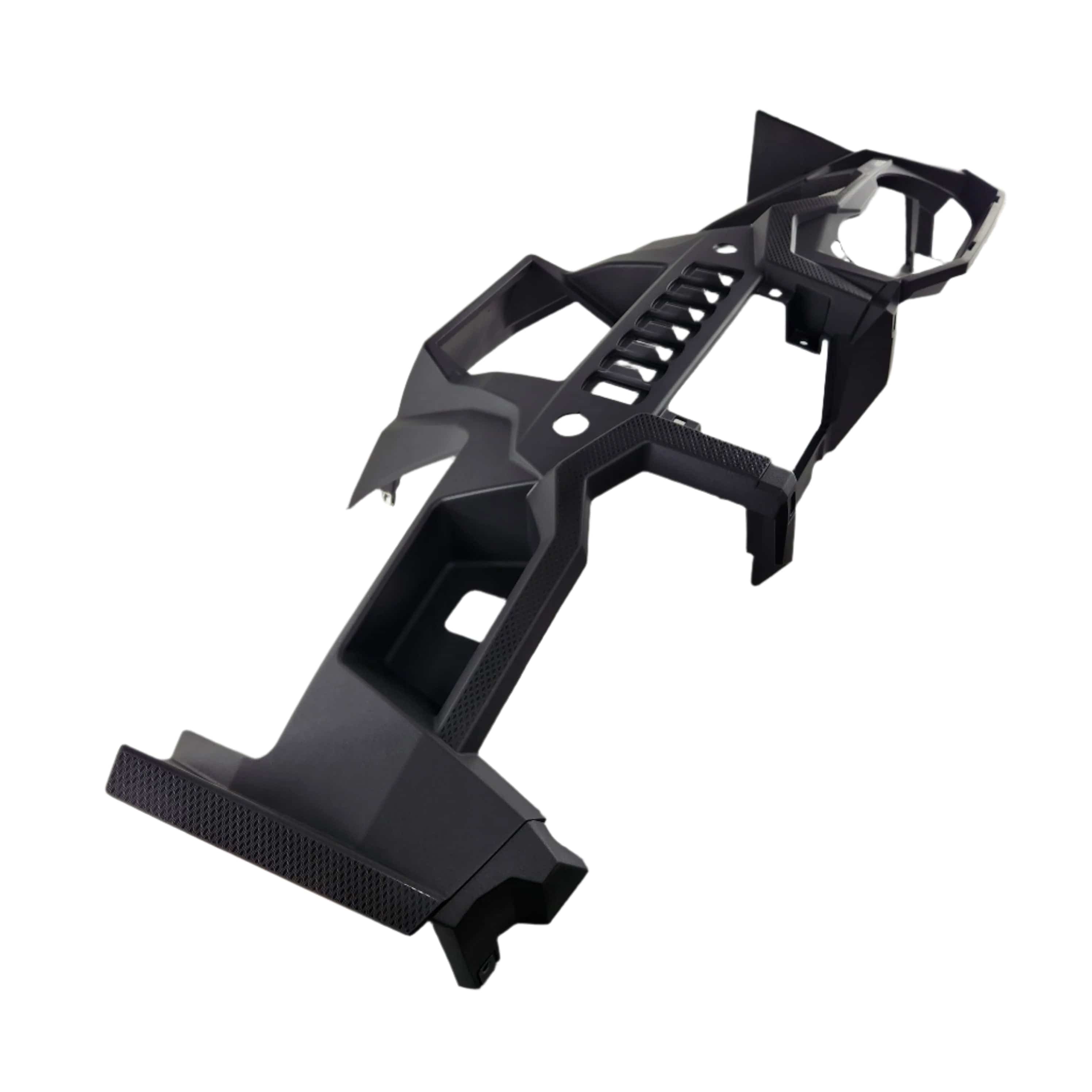A glossy black Lower Instrument Panel (Gloss B) by Polaris, featuring vents, ridges, and geometric cutouts, styled for Polaris UTVs or off-road vehicles, isolated on a white background.