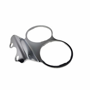 The Bracket, Speedometer Mount, Chrome by Polaris features two circular openings, a curved edge, and two screw holes for secure mounting—ideal for Victory motorcycles.