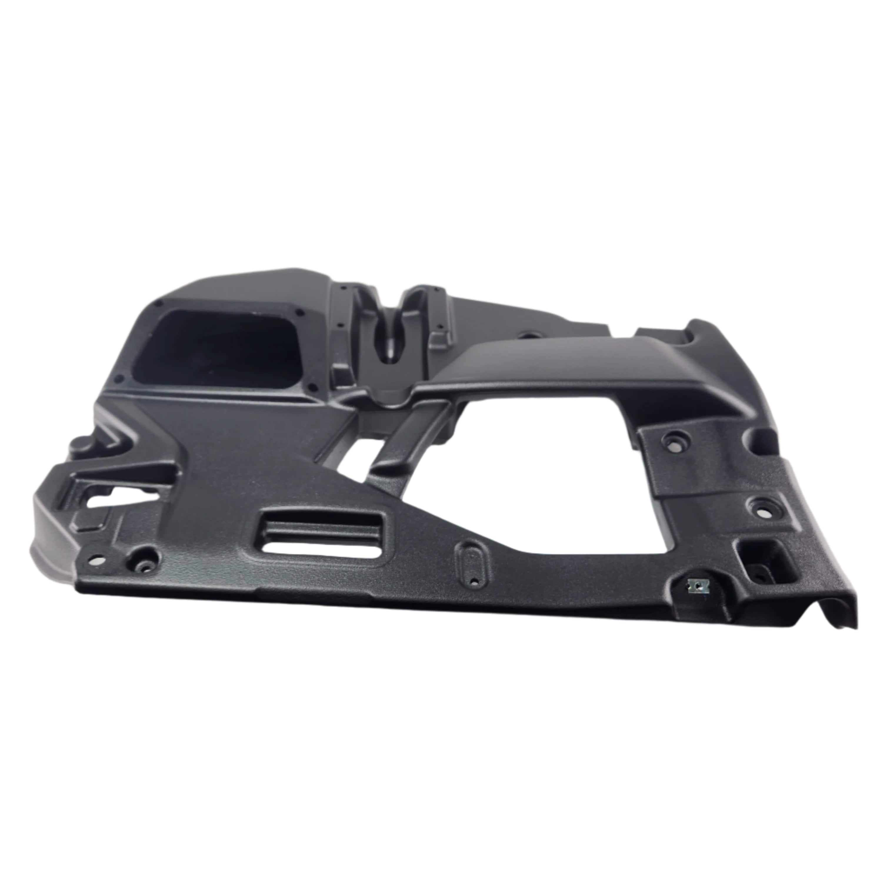 The Honda Panel, Left Front Door (OEM #67200-HL6-AF0) is a black molded plastic auto part with angular shapes, cutouts, and mounting points—perfect for your UTV. Available now at buywitchdoctors.com.