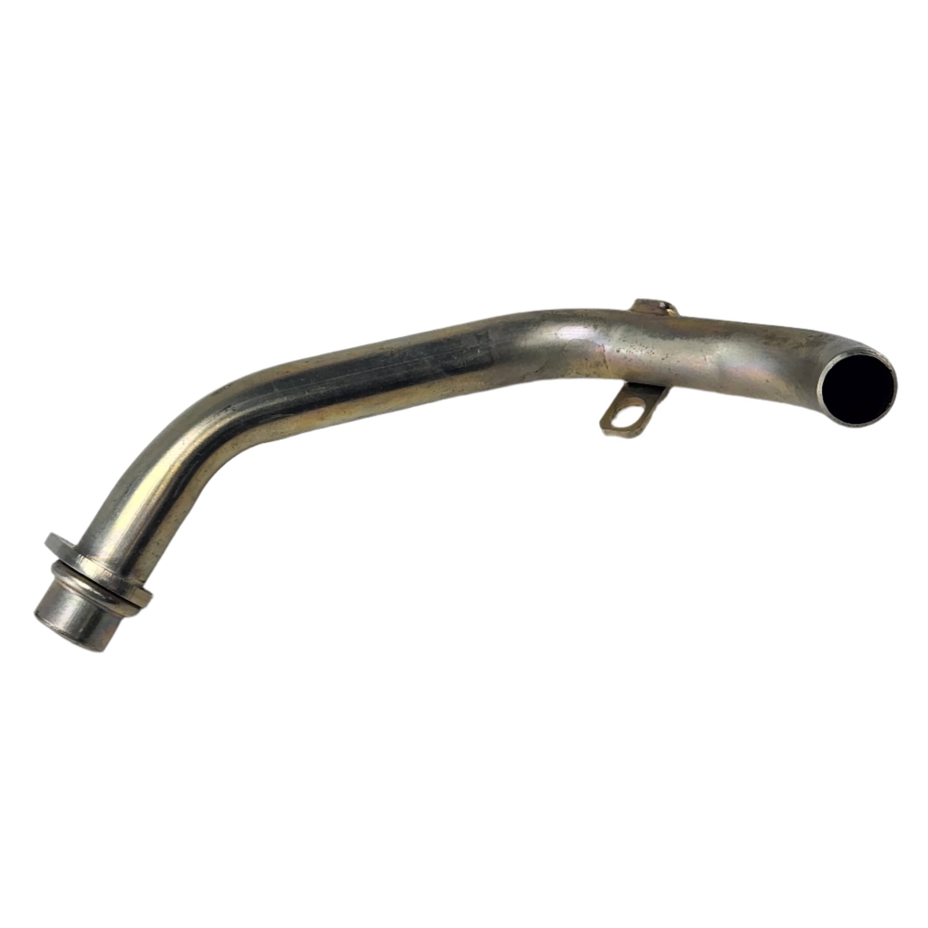 The Tube, Scavenge, Oil Return by Polaris is a metallic curved tube with a flange at one end and a bracket along its length, compatible with Victory motorcycles—ideal for sourcing OEM Victory Polaris parts. Isolated on white background.