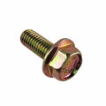 A close-up of the Screw by Polaris, a metallic hex flange bolt with an iridescent finish and built-in washer, designed for OEM Victory Polaris bikes. Features threaded sections under its hex head and shown on a plain white background.