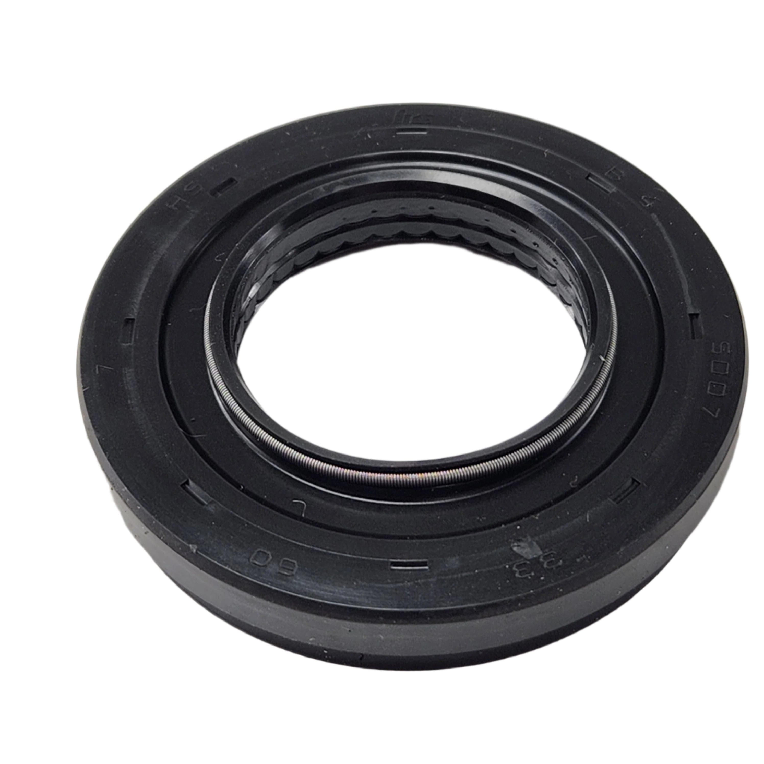 A close-up of the Seal-Oil,33X60X7 by Kawasaki, a black rubber oil seal with a metal spring on the inner edge. Used to prevent leakage in machinery like Kawasaki UTVs, it features molded numbers and letters on its surface.