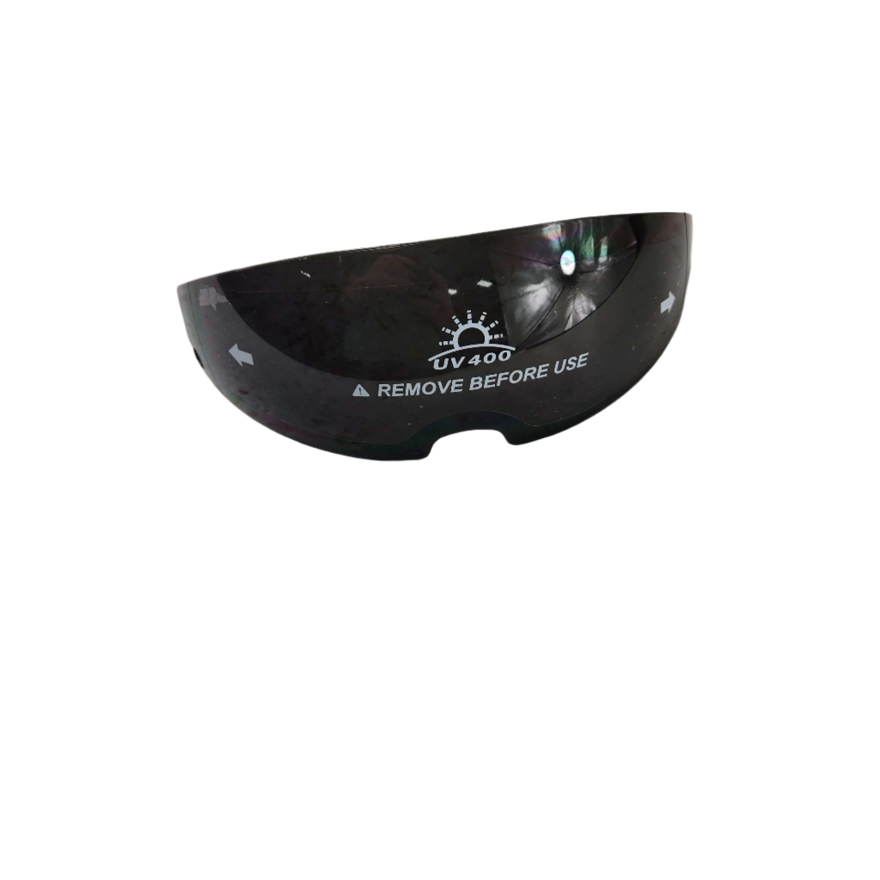 The OF-87 Inner Lens by GMAX is a dark-tinted curved visor with UV400 sun protection and REMOVE BEFORE USE text, shown isolated on a white background.