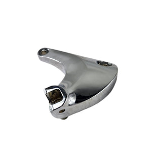 The Support, Footpeg, LH by Polaris is a shiny silver metal motorcycle part with two screw holes and an angled section, designed as a footpeg support for Victory bikes, shown isolated on a white background.