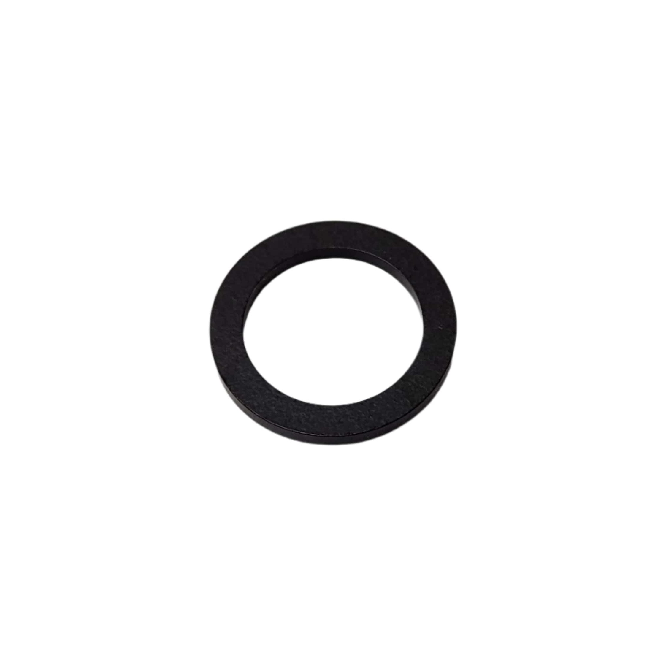 The Washer-12X17X1.4,Sp-21 by Polaris is a black, flat circular washer with a central hole—perfect as an OEM replacement part for your Polaris Off Road vehicle.