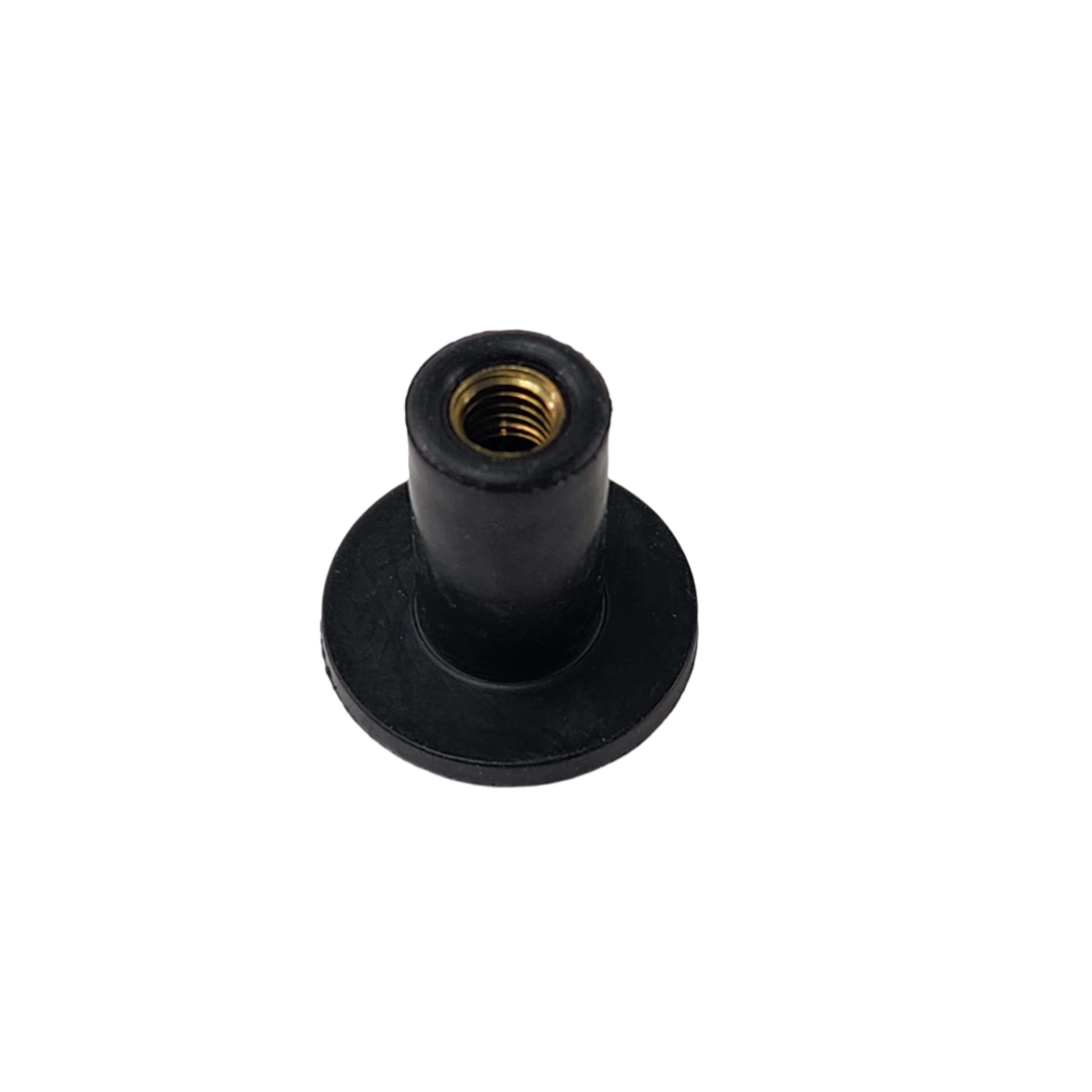A black cylindrical rubber spacer, Wellnut 10X32X.71 by Polaris, features a wide base and a threaded metal insert—ideal for factory-direct Polaris or Indian Motorcycle OEM applications, shown against a white background.