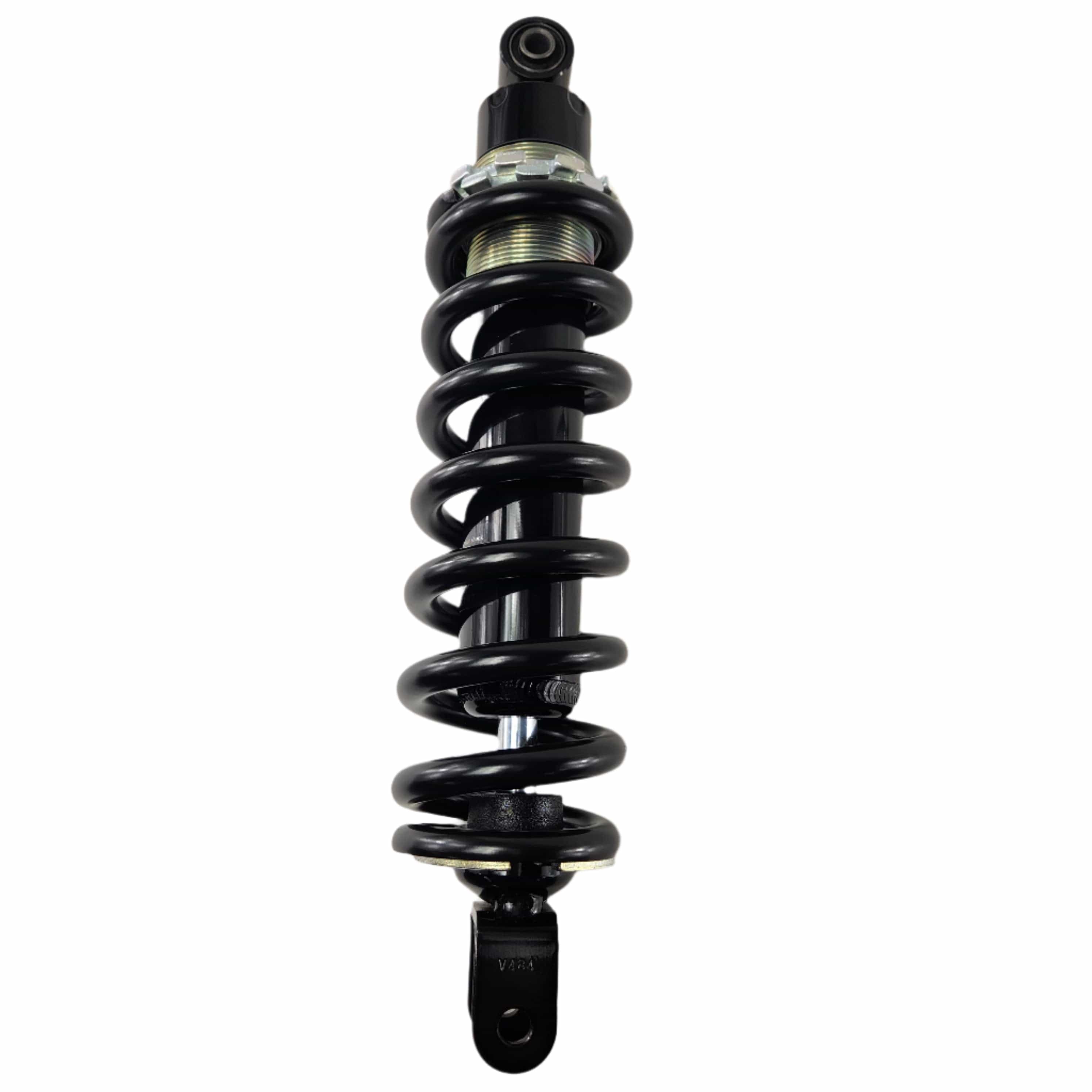 The Assembly, Shock, Kyb [8 Ball Intl] by Polaris is a black metal coil spring shock absorber with mounting eyelets at both ends, shown vertically against a white background and compatible with OEM Victory Polaris parts.