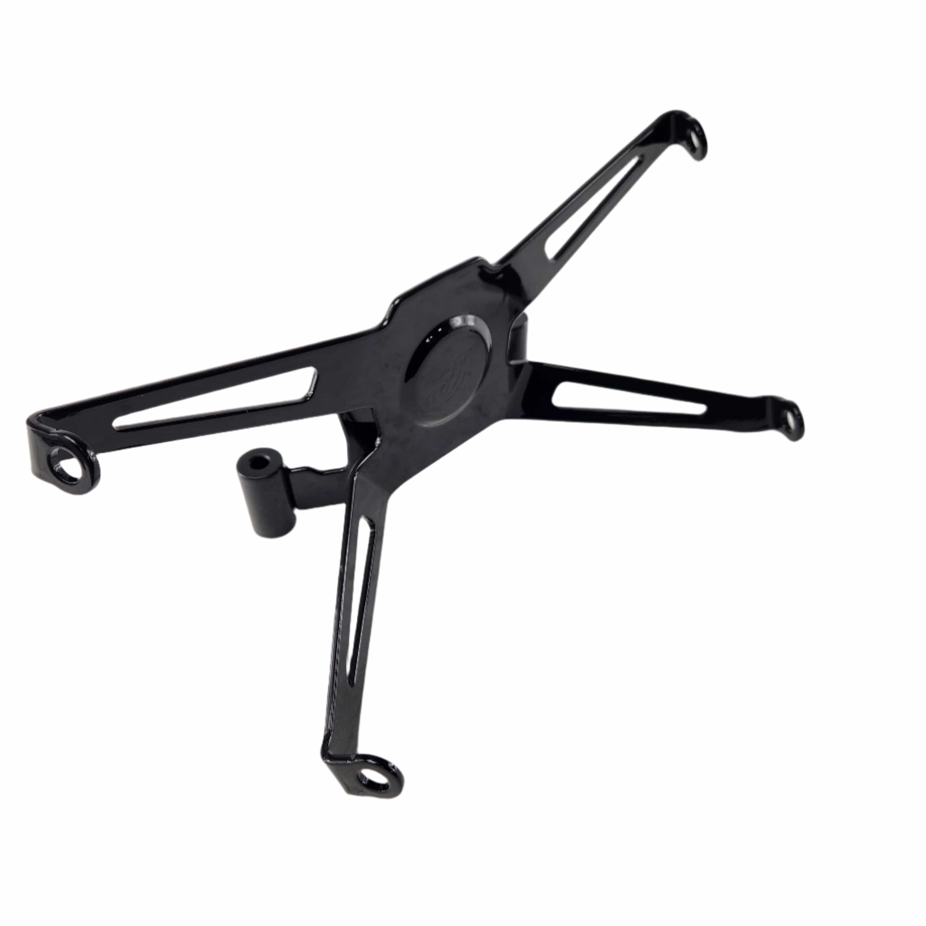 The Weld Upper Mount Cowl Club Bk by Polaris is a black metal bracket with four extended, rounded arms featuring cut-outs—perfect for mounting or supporting devices as an Indian Motorcycle or Polaris OEM part.
