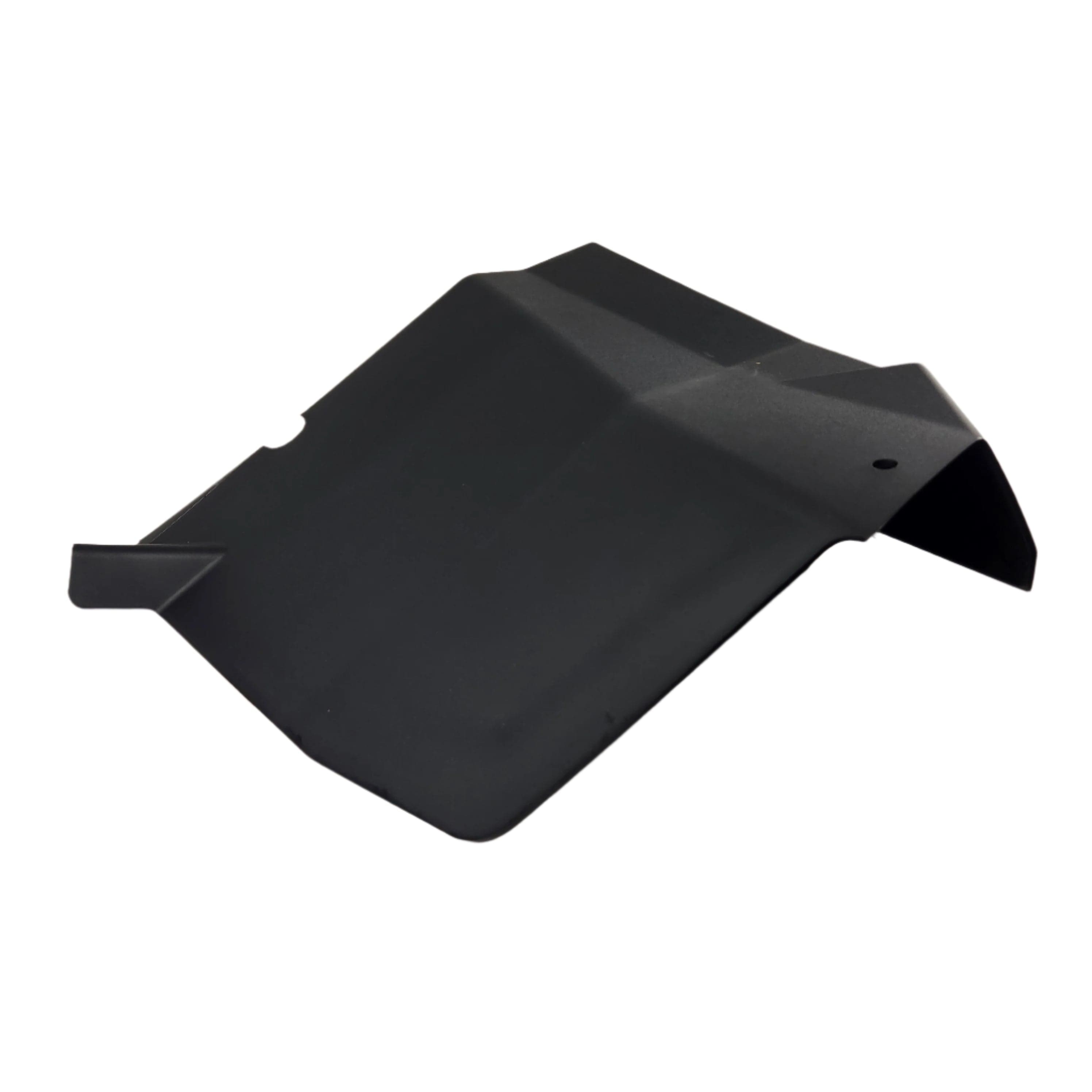 A black, angular metal or plastic panel with a matte finish and bent edges, photographed on white. This geometric OEM Assembly-Fndr,Flr,Rr,Clip,Blk by Polaris fits Polaris UTVs and features a small hole near one edge.
