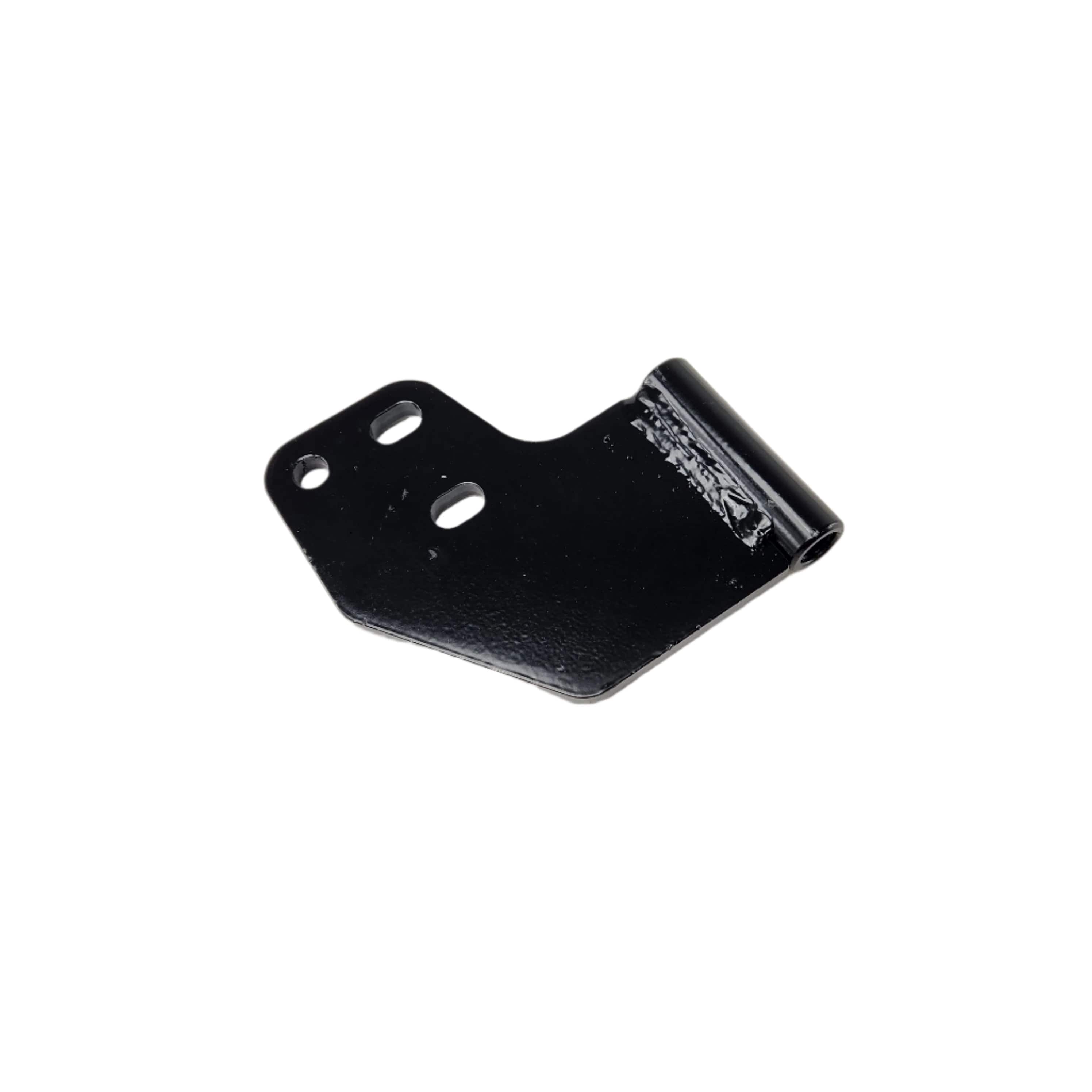 The Can-Am Lower Hinge is a black metal bracket with three oval and round holes plus a cylindrical hinge on one end, perfect as an ATV replacement part or for UTV accessories, shown on a white background.