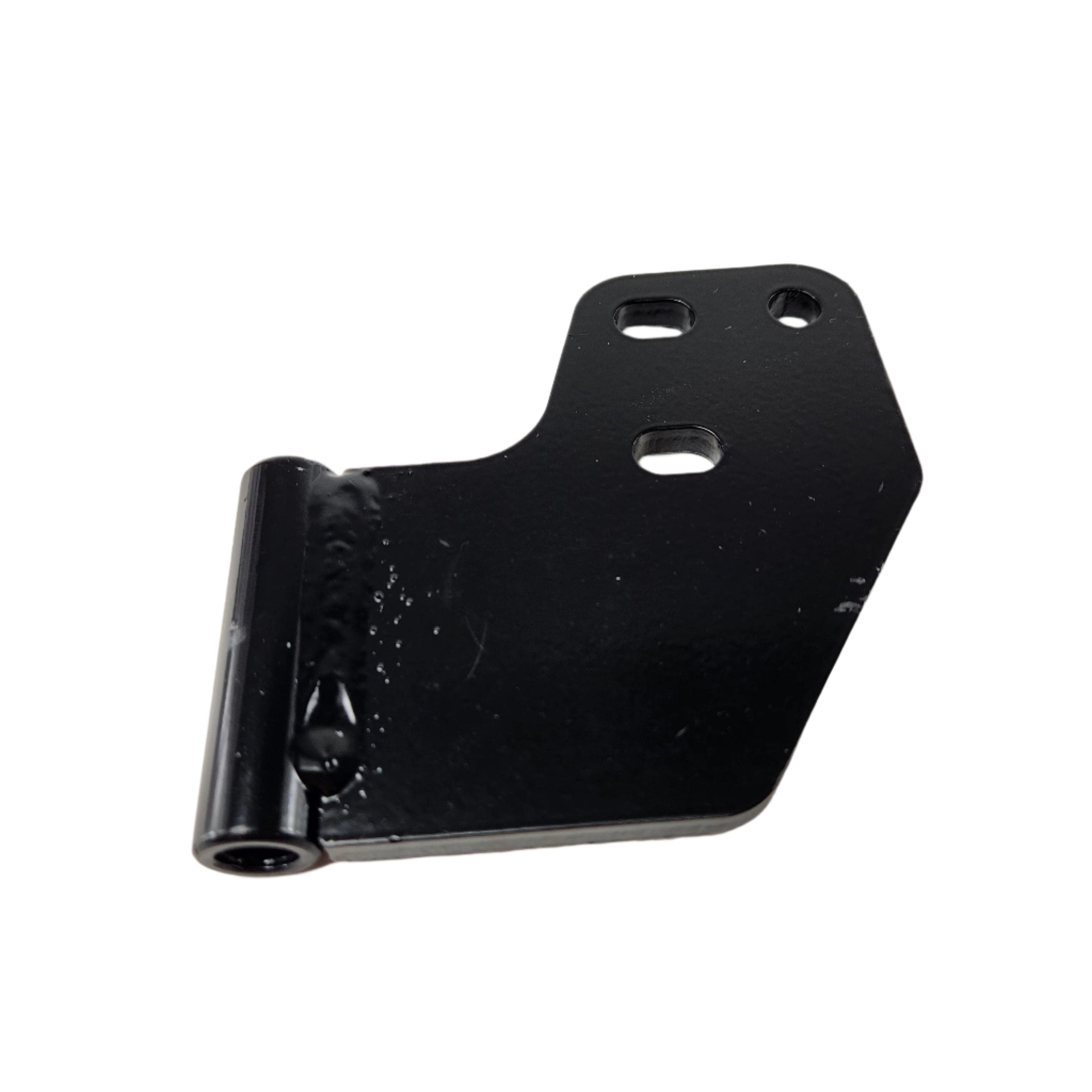 The Can-Am Lower Hinge is a black metal bracket with a cylindrical hinge and four mounting holes, perfect as an ATV replacement part or for upgrading your Can-Am and UTV accessories.