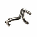 The Assembly Headpipe Front by Polaris is a metallic OEM Indian motorcycle exhaust crossover pipe with two curved branches and smooth, shiny surfaces, isolated on a white background. Perfect fit for Indian motorcycle models.