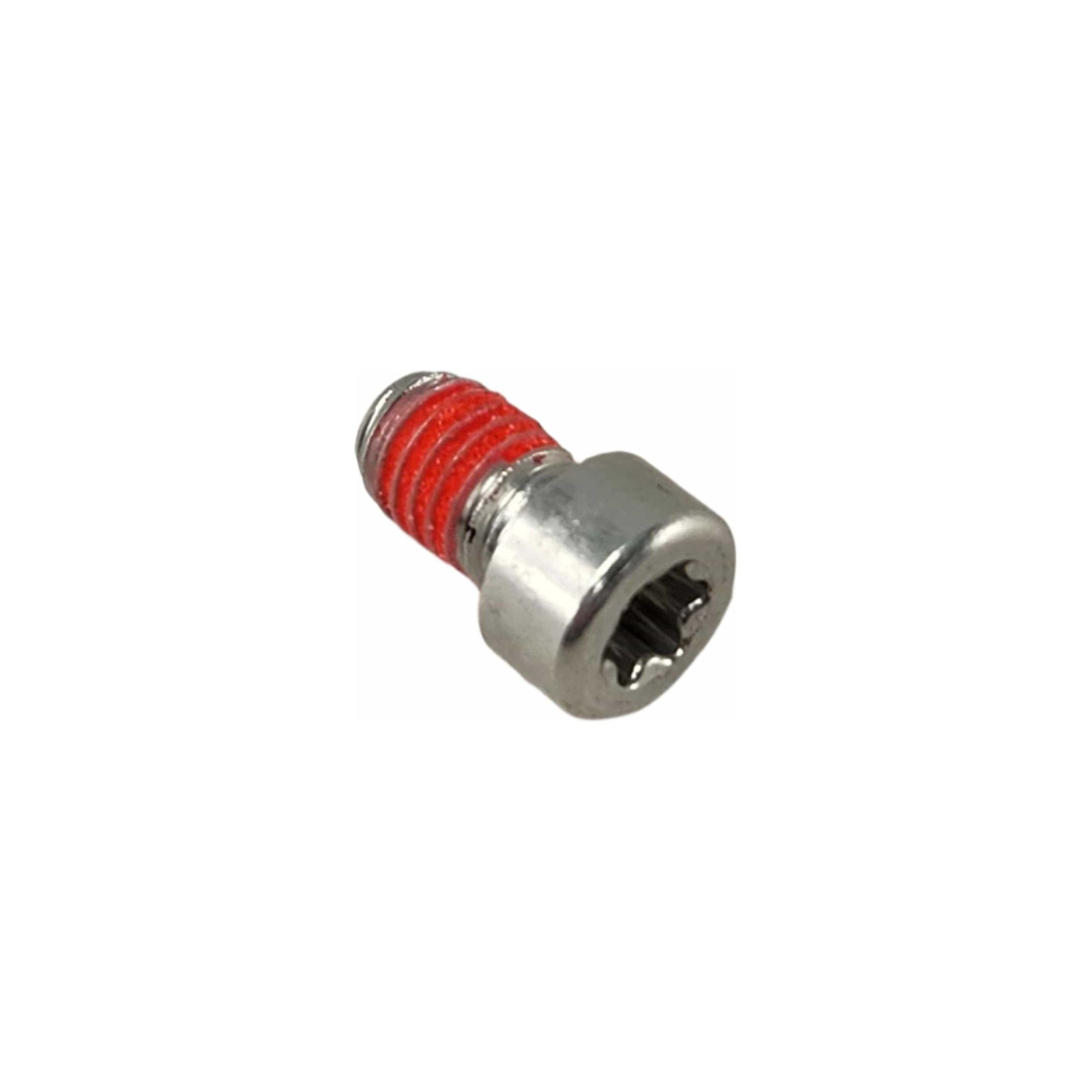A close-up of the Screw-Tpms Gen2 by Polaris, featuring a silver metal body, hexagonal socket head, and red thread-locking compound—an essential OEM part for Indian Polaris motorcycles—isolated on a white background.