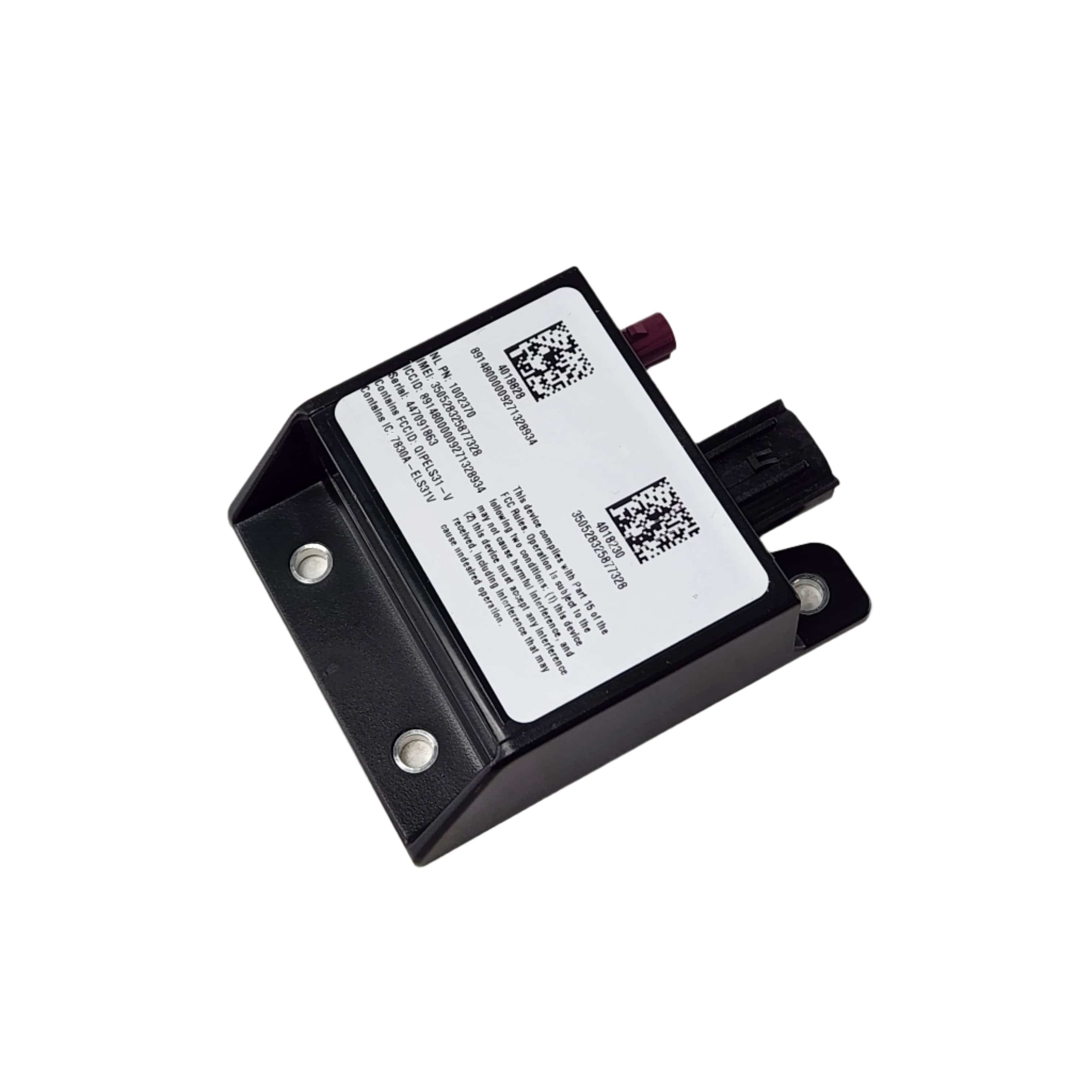 The Module Cell Modem by Polaris is a black rectangular electronic device with a white label featuring QR codes and text, mounted on a flat base with two screw holes, shown isolated on a white background.