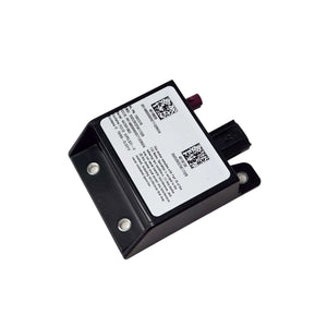 The Module Cell Modem by Polaris is a black rectangular electronic device with a white label featuring QR codes and text, mounted on a flat base with two screw holes, shown isolated on a white background.