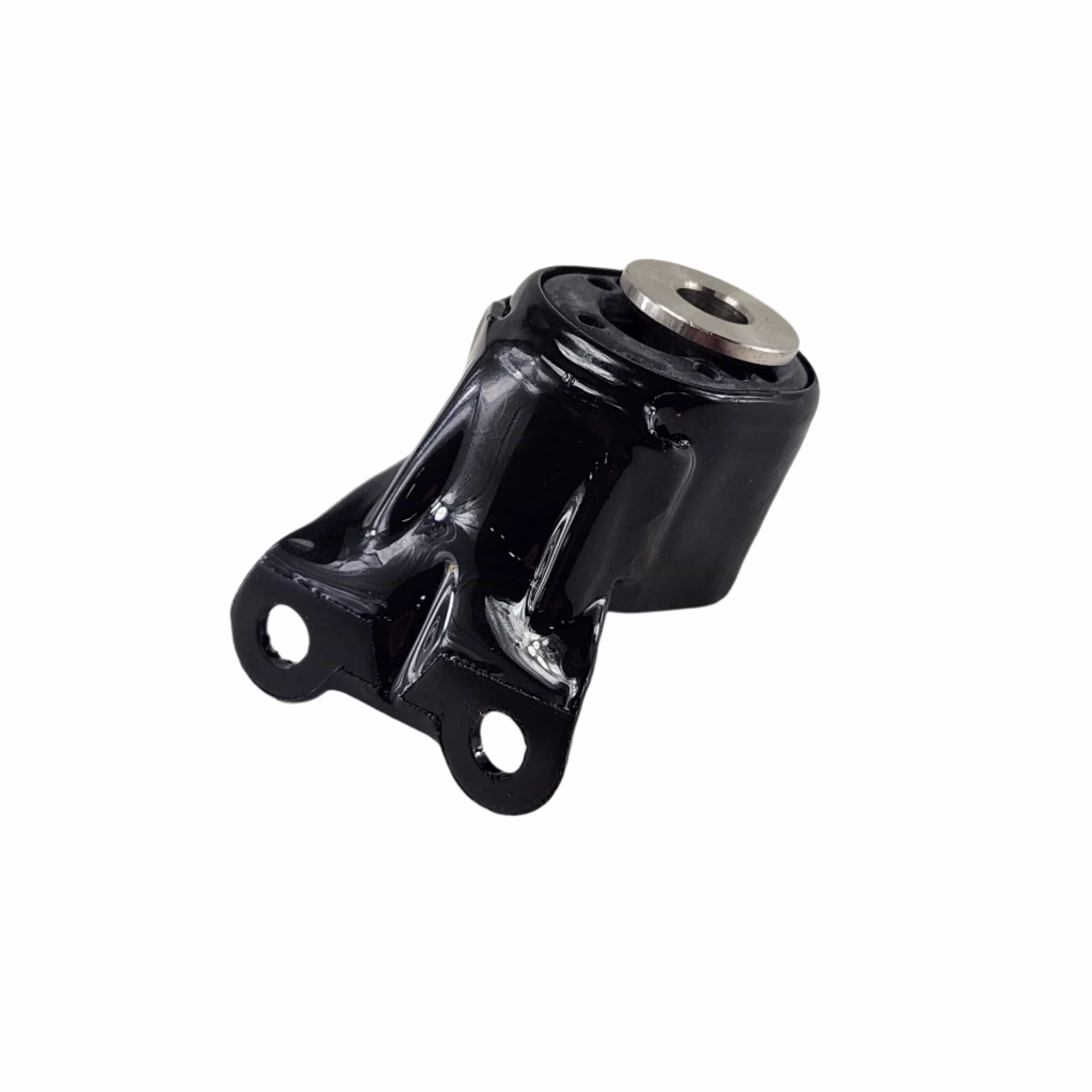 The Assembly Mount Resonator RH by Polaris is a black metal bracket with two bolt holes and a cylindrical bushing, commonly used in OEM Indian Polaris vehicles, shown against a white background.