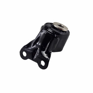 The Assembly Mount Resonator RH by Polaris is a black metal bracket with two bolt holes and a cylindrical bushing, commonly used in OEM Indian Polaris vehicles, shown against a white background.