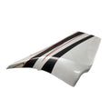A white Polaris Cover, Side, LH [X-1] panel featuring black and red racing stripes, likely an OEM Victory motorcycle part from Witchdoctors, isolated on a white background.