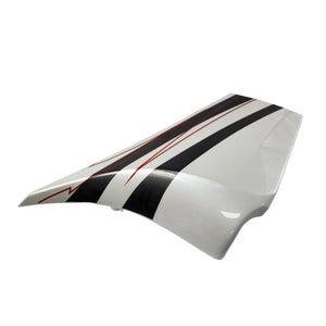 A white Polaris Cover, Side, LH [X-1] panel featuring black and red racing stripes, likely an OEM Victory motorcycle part from Witchdoctors, isolated on a white background.