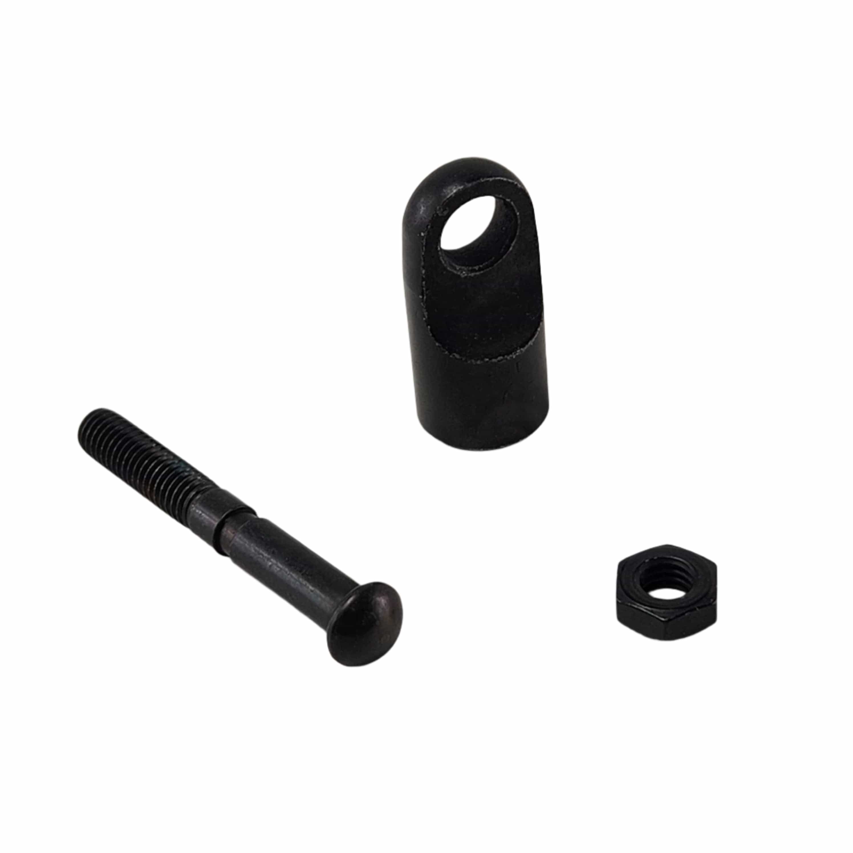 The Kit, Clevis And Nut by Polaris—featuring a black bolt, hex nut, and cylindrical metal fitting with a hole—is displayed against a white background.