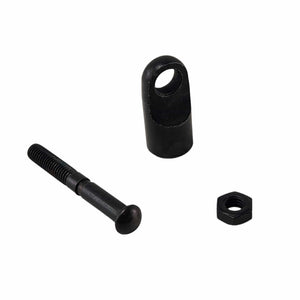 The Kit, Clevis And Nut by Polaris—featuring a black bolt, hex nut, and cylindrical metal fitting with a hole—is displayed against a white background.