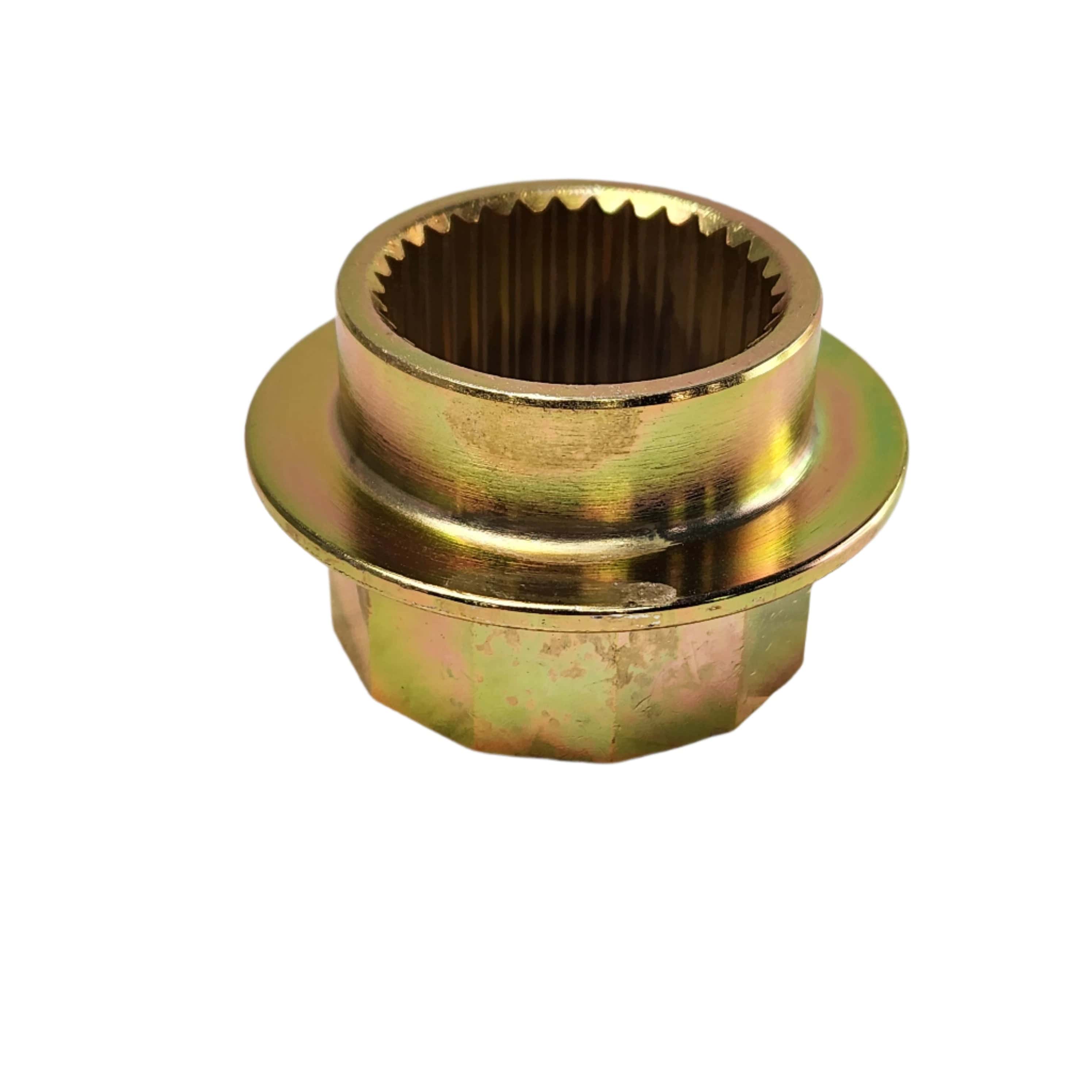 The Middle Axle Locking Hub by Polaris (OEM #5630987) features a gold metal splined hub nut with flange, designed for Polaris UTVs middle axle locking hub, shown against a white background.