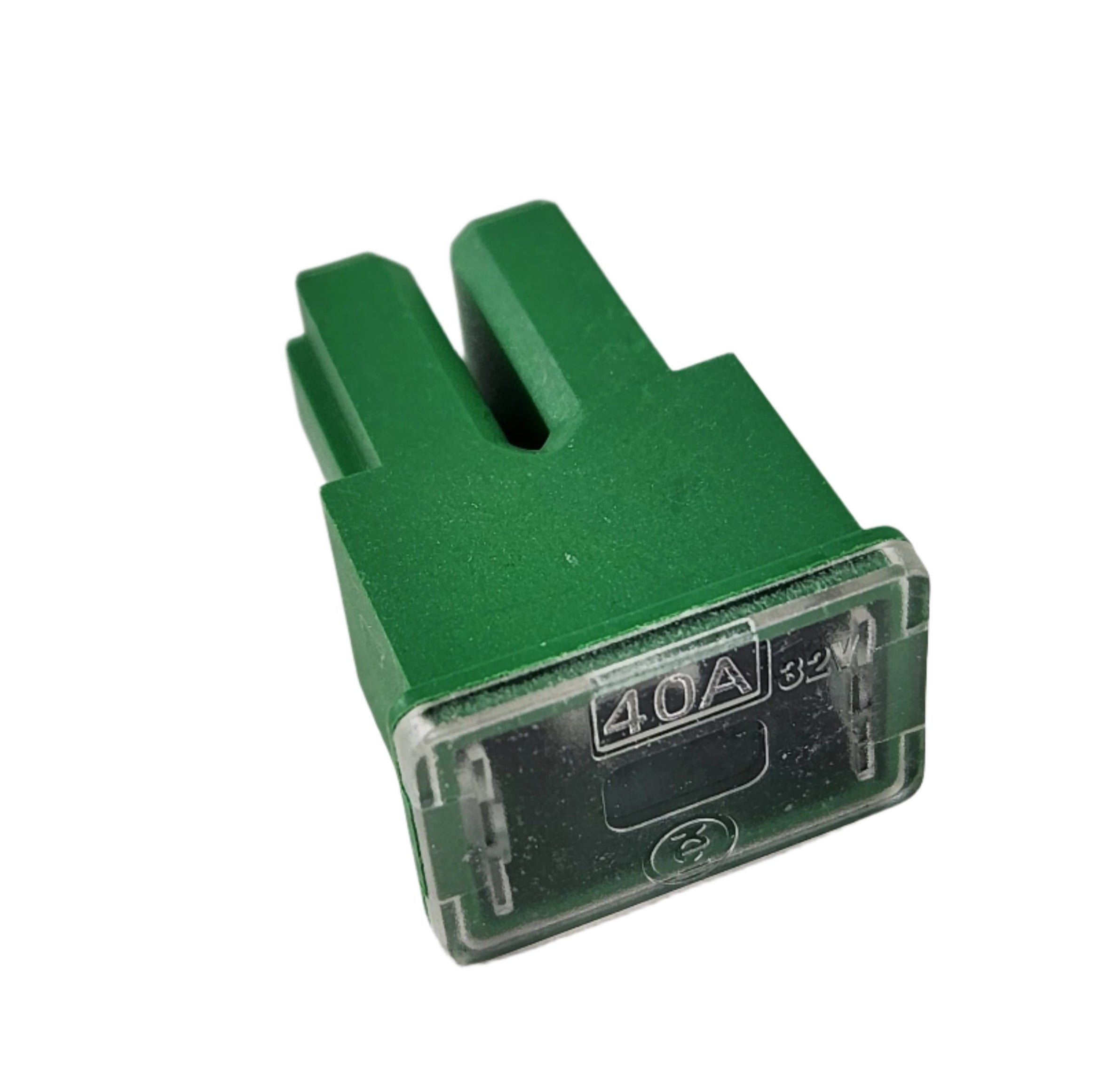 The 40A Fuse by CF Moto features a green transparent top with visible metal contacts and a 40A 32V label, making it an ideal OEM part for reliable CF Moto UTV performance.
