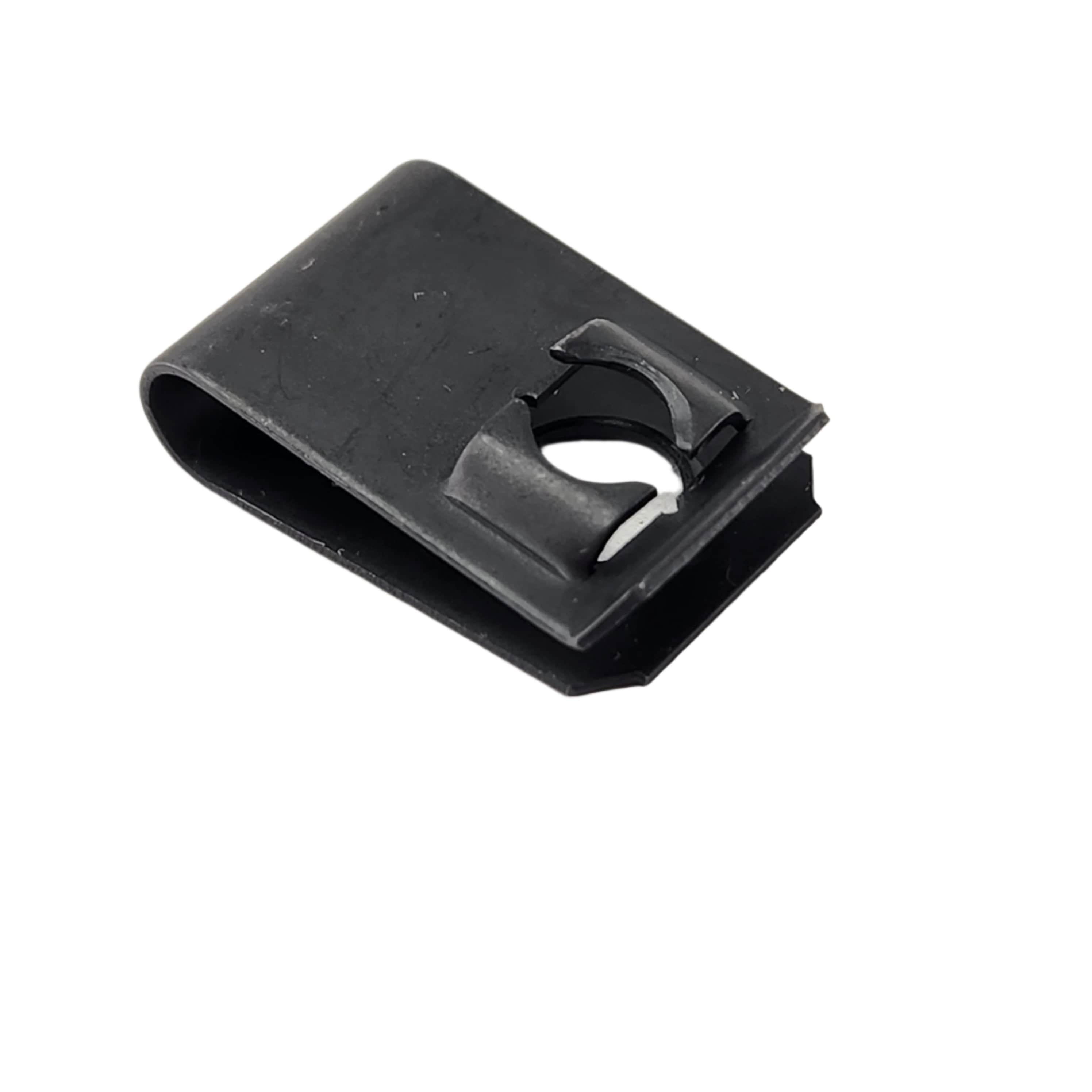 A black Polaris U-Type Nut, M6-1.0, with a circular opening and bent flap, designed for Polaris UTVs. Photographed on a white background, its ideal as an OEM part or for use with aftermarket accessories.