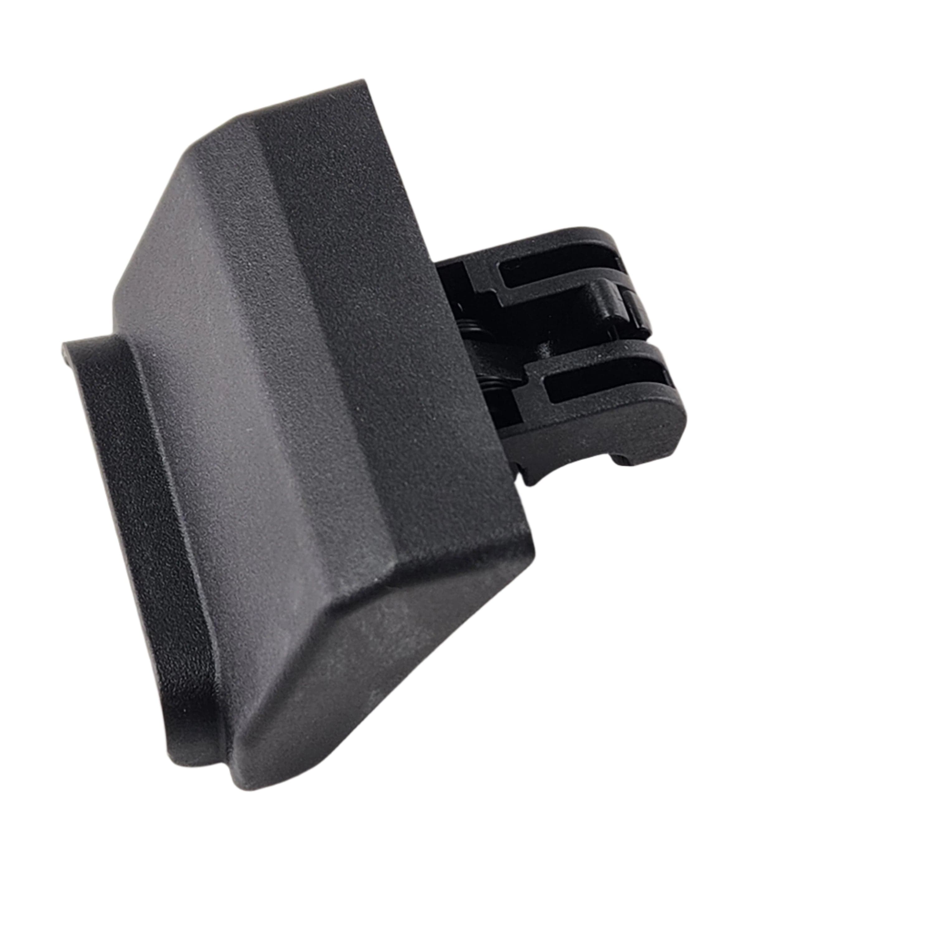 A black, angled plastic Assembly-Latch, Storage, Right by Polaris with a grooved attachment end, designed as an OEM part for Polaris UTV off-road vehicles, isolated on a white background.
