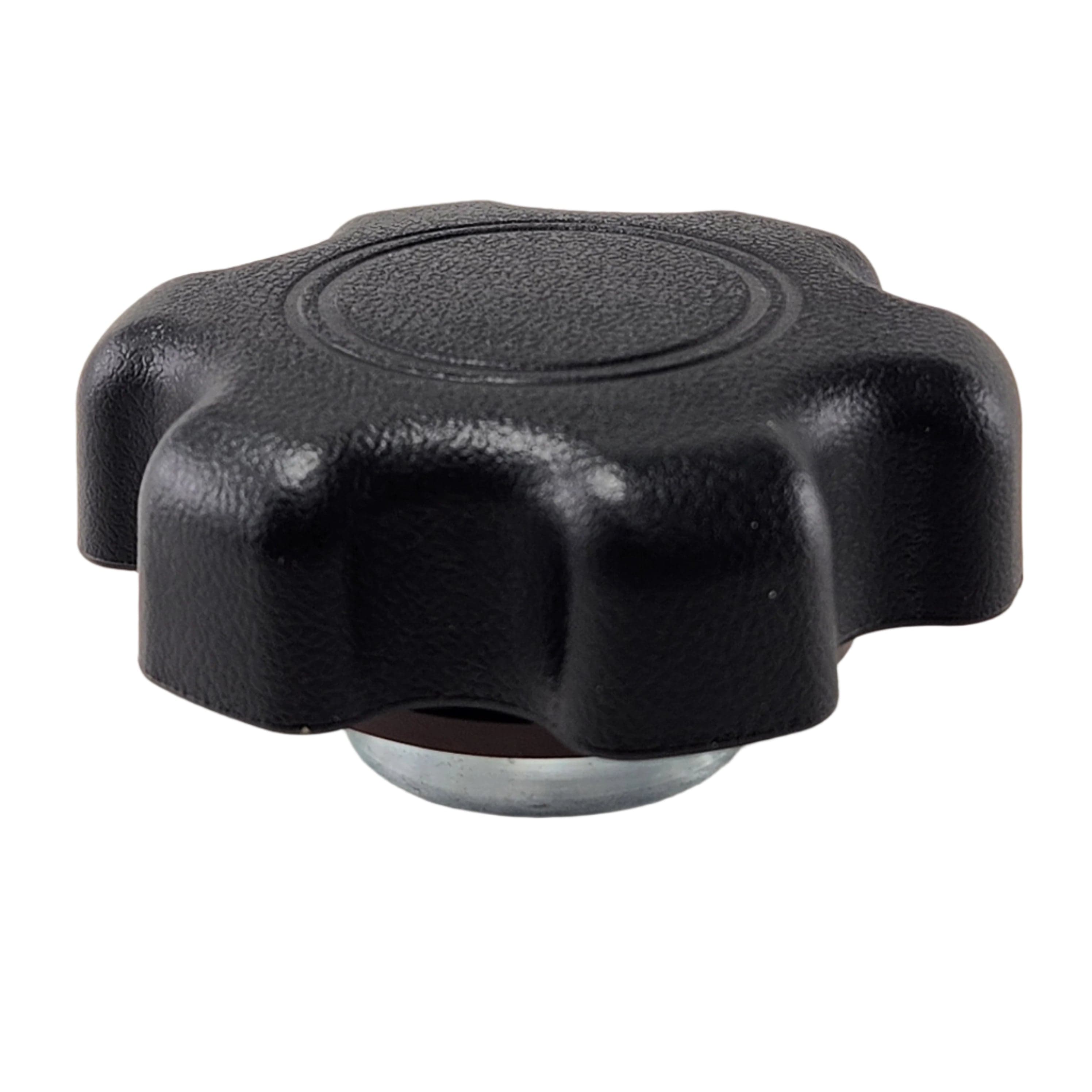 The Cap-Tank by Kawasaki is a black, round plastic knob with six scalloped edges and a textured surface, commonly used as a grip or replacement part for Kawasaki UTVs and other off-road vehicles.