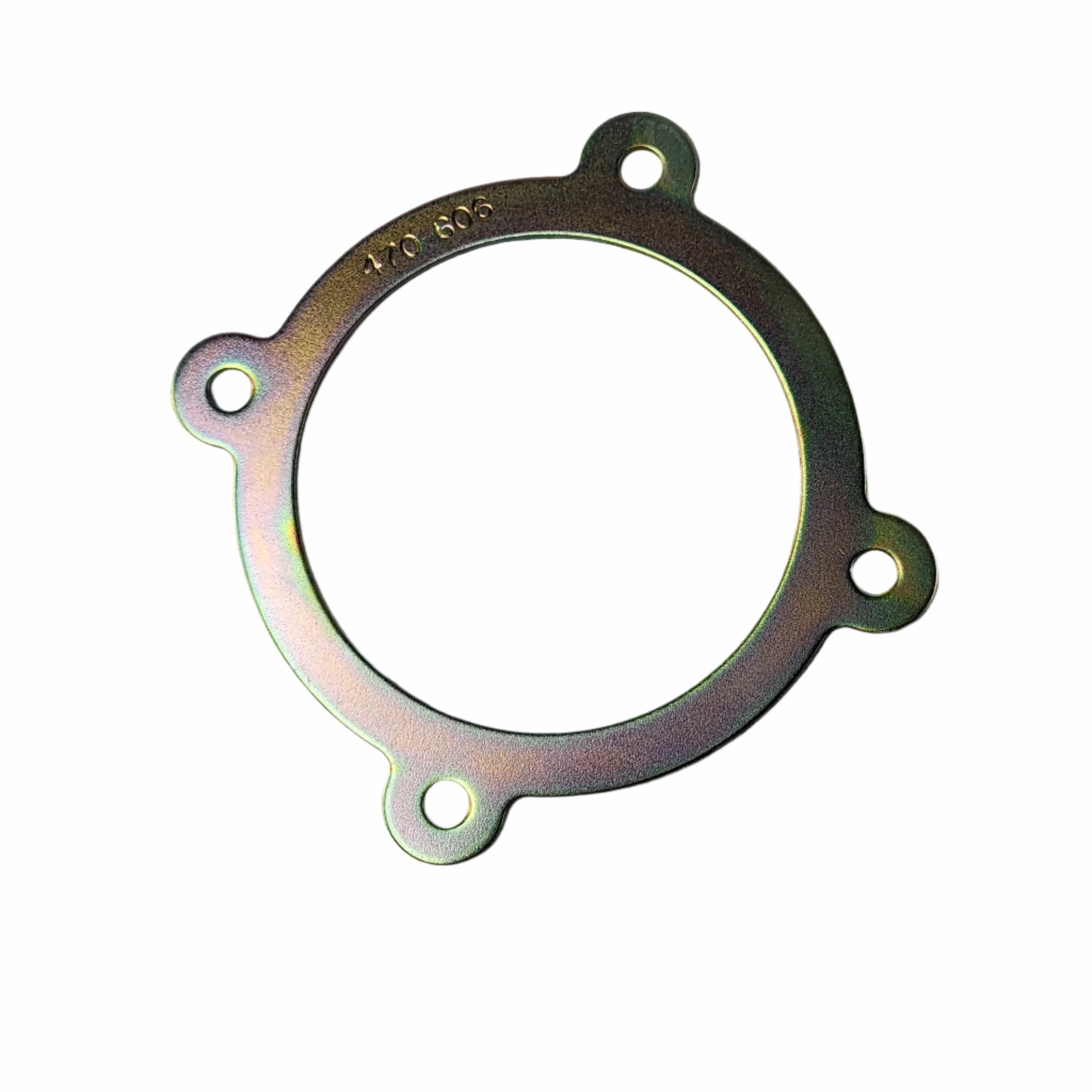 A Mount, Fuel Pump by Arctic Cat shown isolated on a white background. This metallic circular part features four evenly spaced holes and a smooth, reflective surface with a faint engraved serial number.