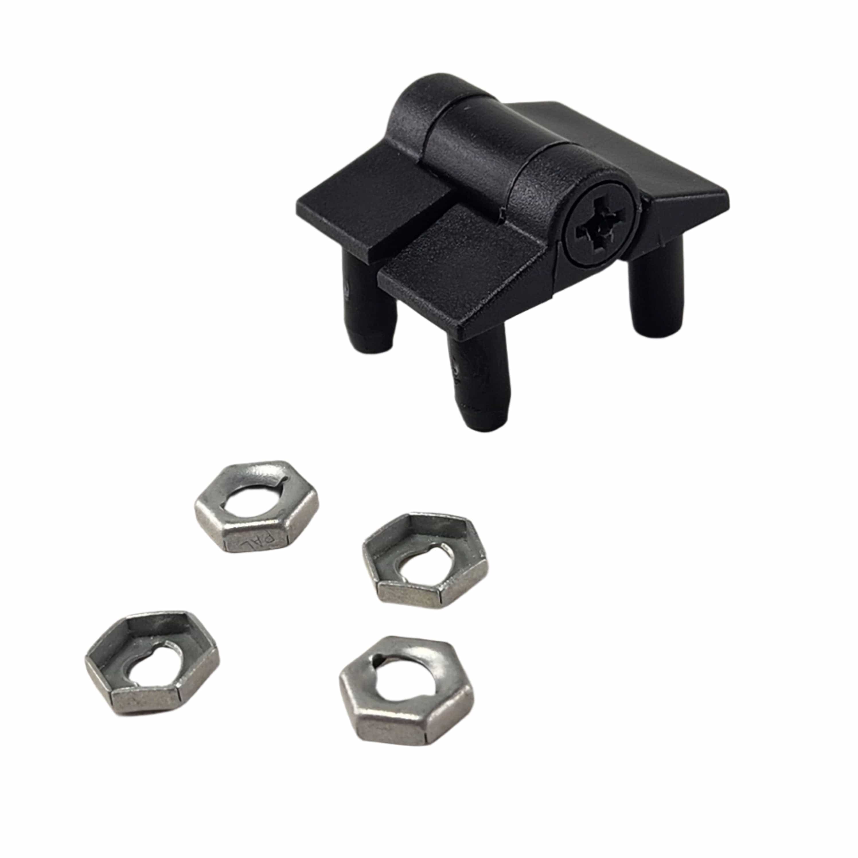 A black plastic Hinge by Arctic Cat, shaped like a stylized four-legged animal with a screw face, is shown next to four silver hex nuts on a white background—an OEM accessory part for Arctic Cat off-road vehicles.