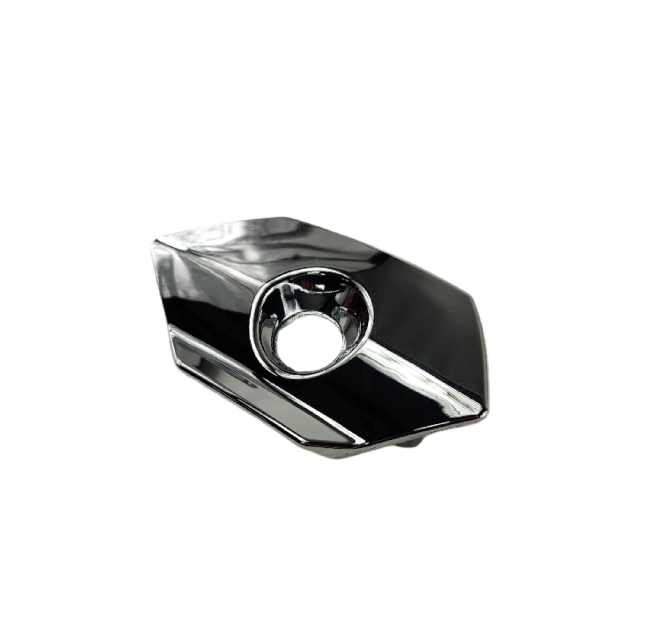 The Bezel Lock Cover Left Hand Chrome by Polaris is an OEM chrome metal saddlebag lock bezel for Victory motorcycles, featuring an angular design with a central hole, shown on a white background.