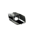 The Bezel Lock Cover Left Hand Chrome by Polaris is an OEM chrome metal saddlebag lock bezel for Victory motorcycles, featuring an angular design with a central hole, shown on a white background.