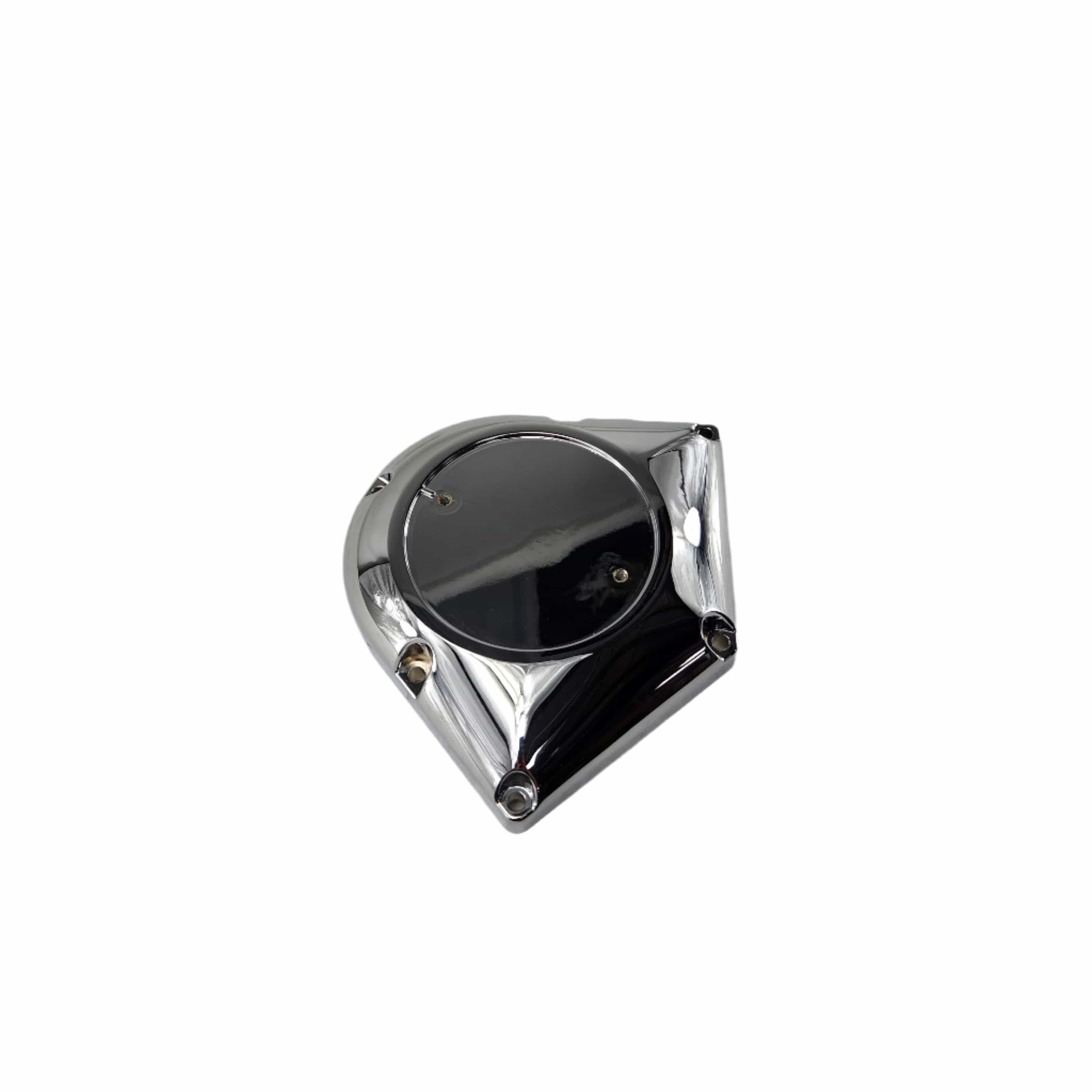 The Cover, Cam Drive, Chrome by Polaris is a shiny, metallic triangular part with a circular center and three screws—ideal for customizing Victory or Polaris motorcycles. Shown isolated on a white background with a reflective finish.