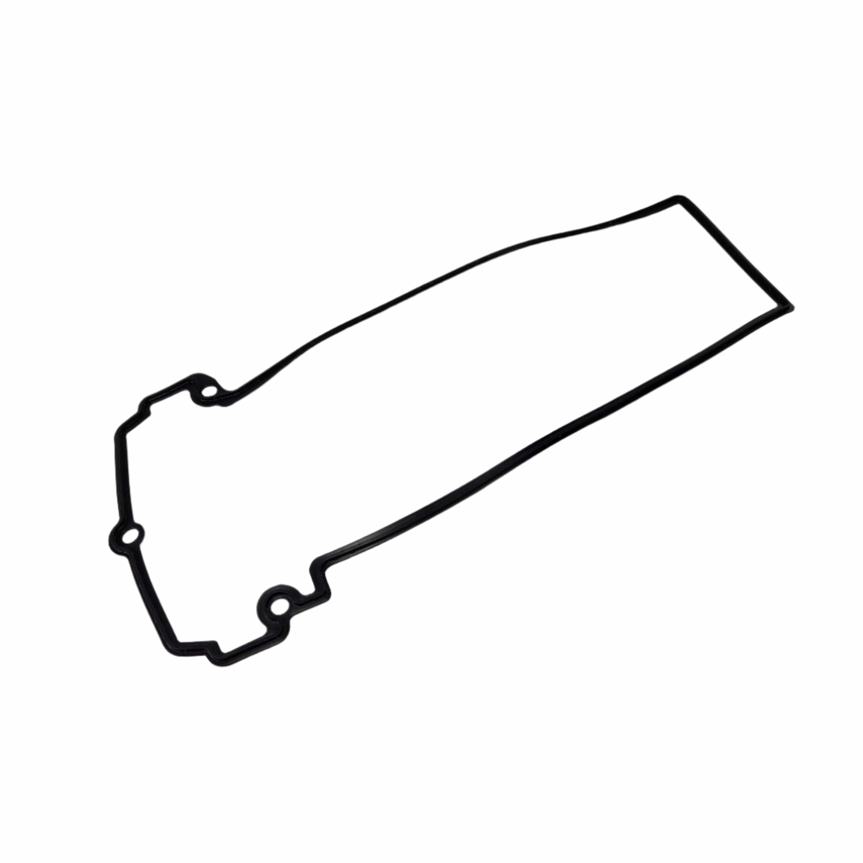A black, irregularly shaped Polaris Gasket-Valve Cover, Isolated is shown on a white background, featuring curves and bolt holes.