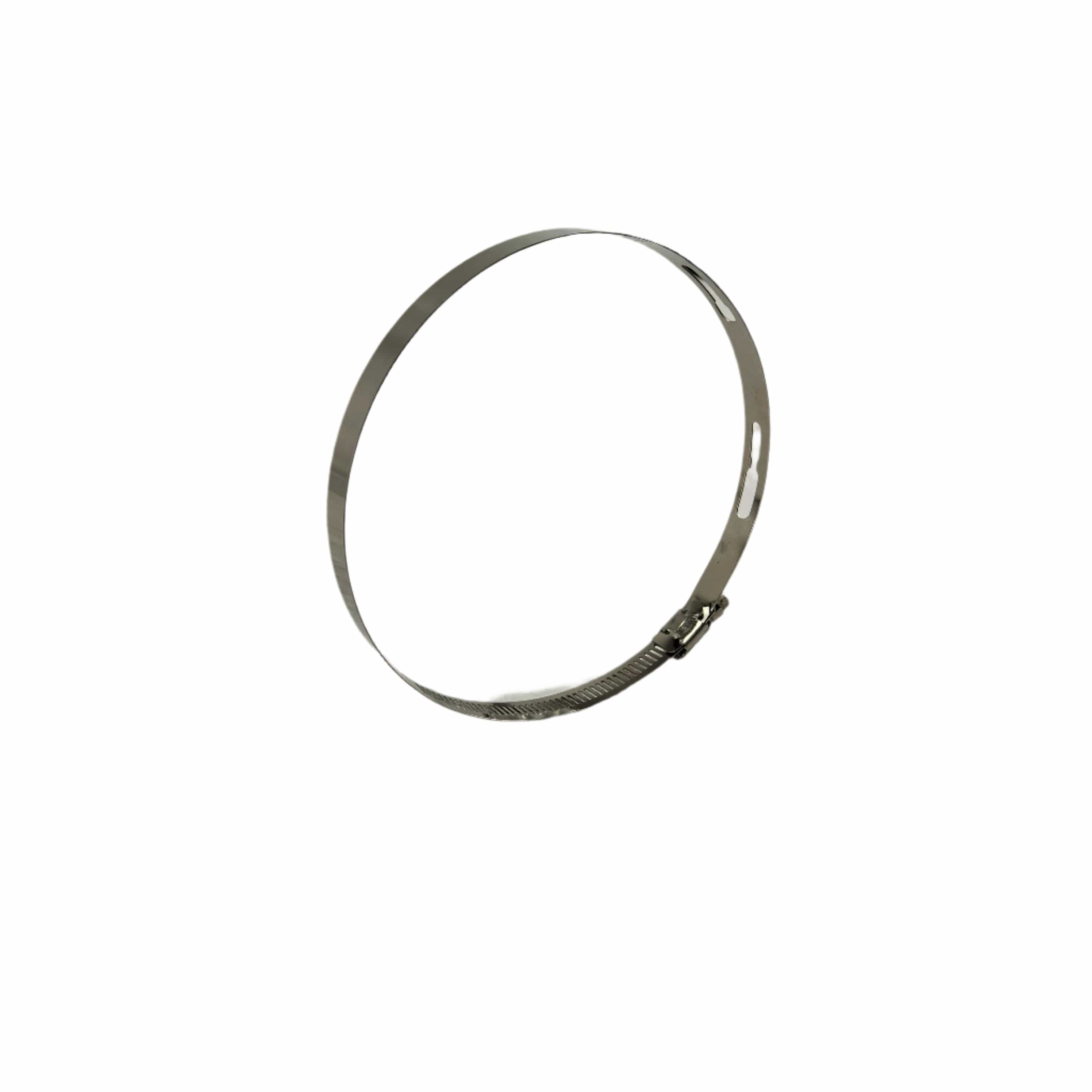 The Clamp-Hose Slotted, 140-160 Dia by Polaris is a stainless steel clamp with a worm gear, perfect for Polaris OEM parts or ATV off-road vehicles, shown in a loose circular shape on a white background.