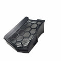 A black, angled plastic Assembly-Grill, Speaker, Badge, Lh by Polaris with hexagonal mesh and AudioFrog logo on top, perfect as an OEM part for Polaris UTV or other off-road vehicles, shown isolated on a white background.