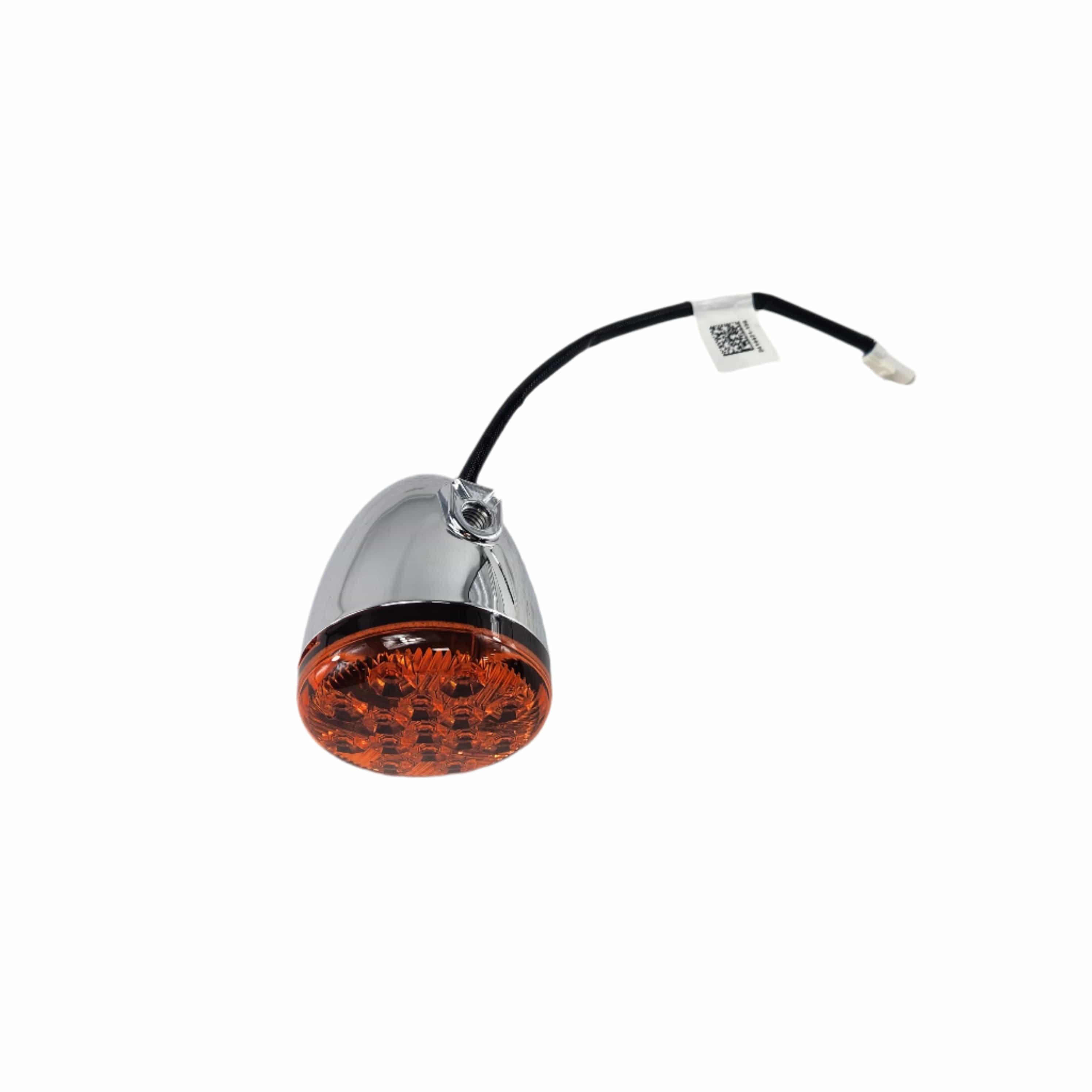 The Signal Turn Front Chr by Polaris features a chrome housing, orange lens, and black wire connector for Indian motorcycles. Genuine OEM quality ensures compatibility. Isolated on white background.