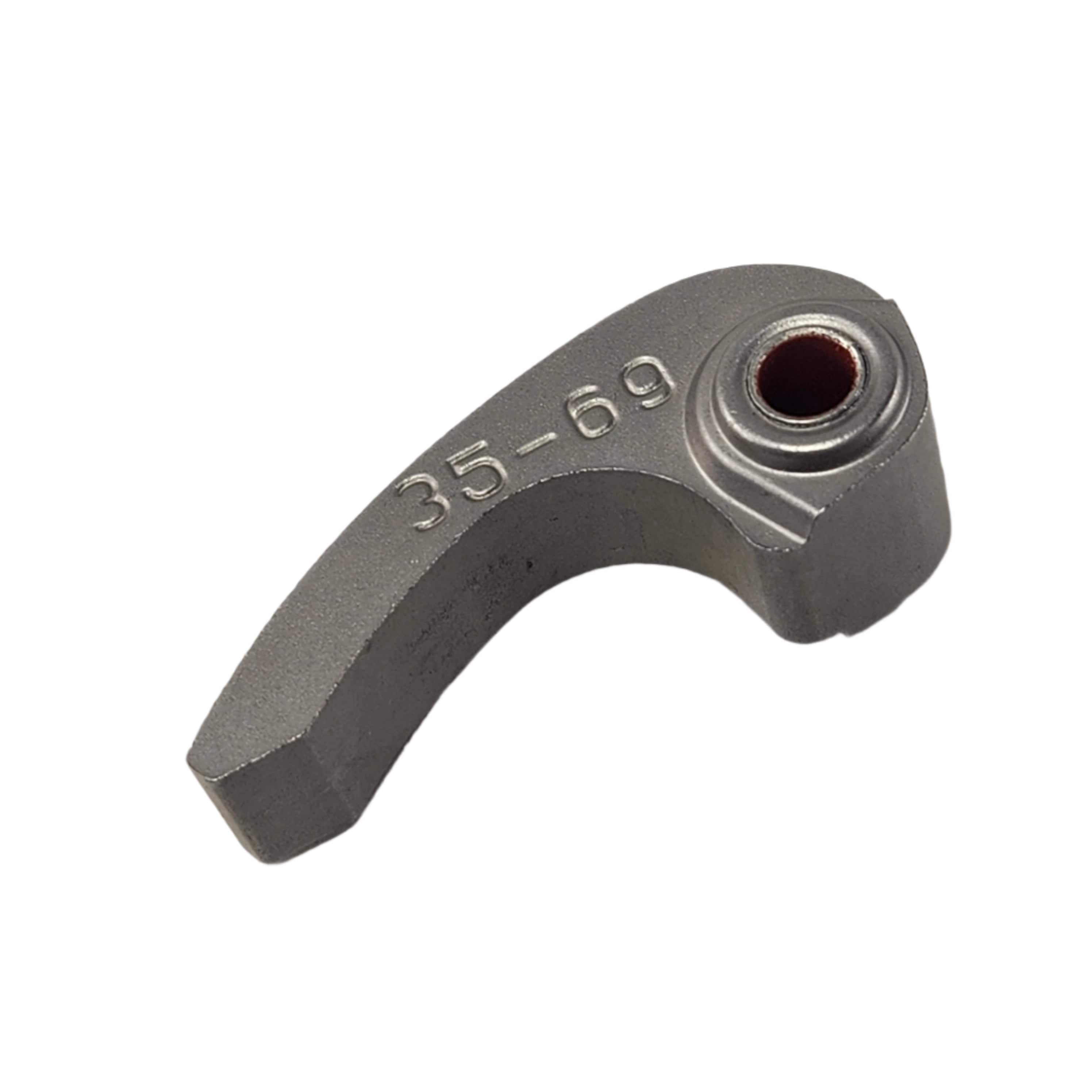 The Assembly-Weight, Shift, 35-69 (3) by Polaris is a curved metal OEM part with 35-69 stamped and a circular hole at one end, designed for Polaris UTV or ATV off-road vehicles. Shown isolated on a white background.