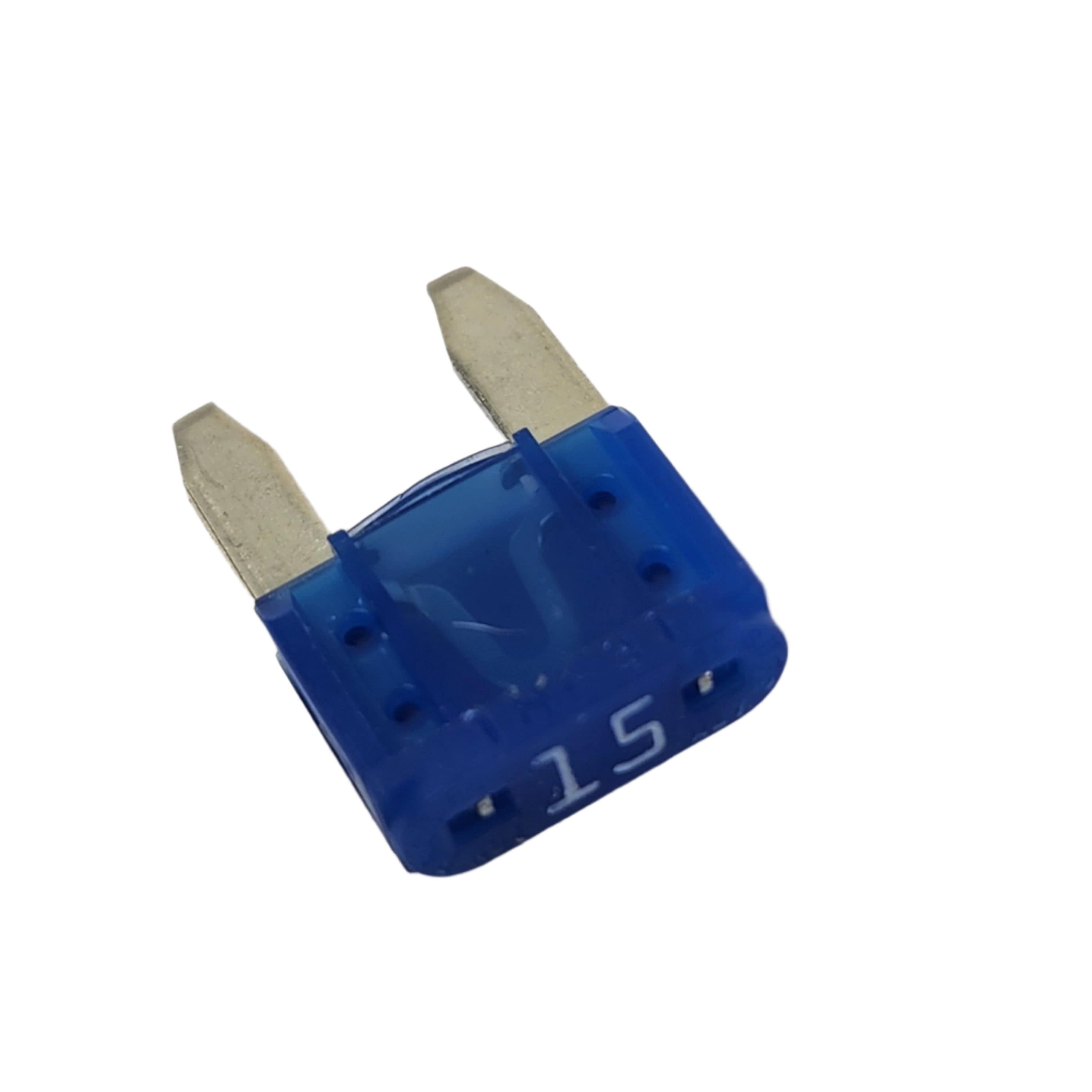 The image shows a Polaris Fuse, 15A/32V, with blue casing, metal prongs, and 15 in white—OEM compatible for Victory motorcycles—displayed on a white background.