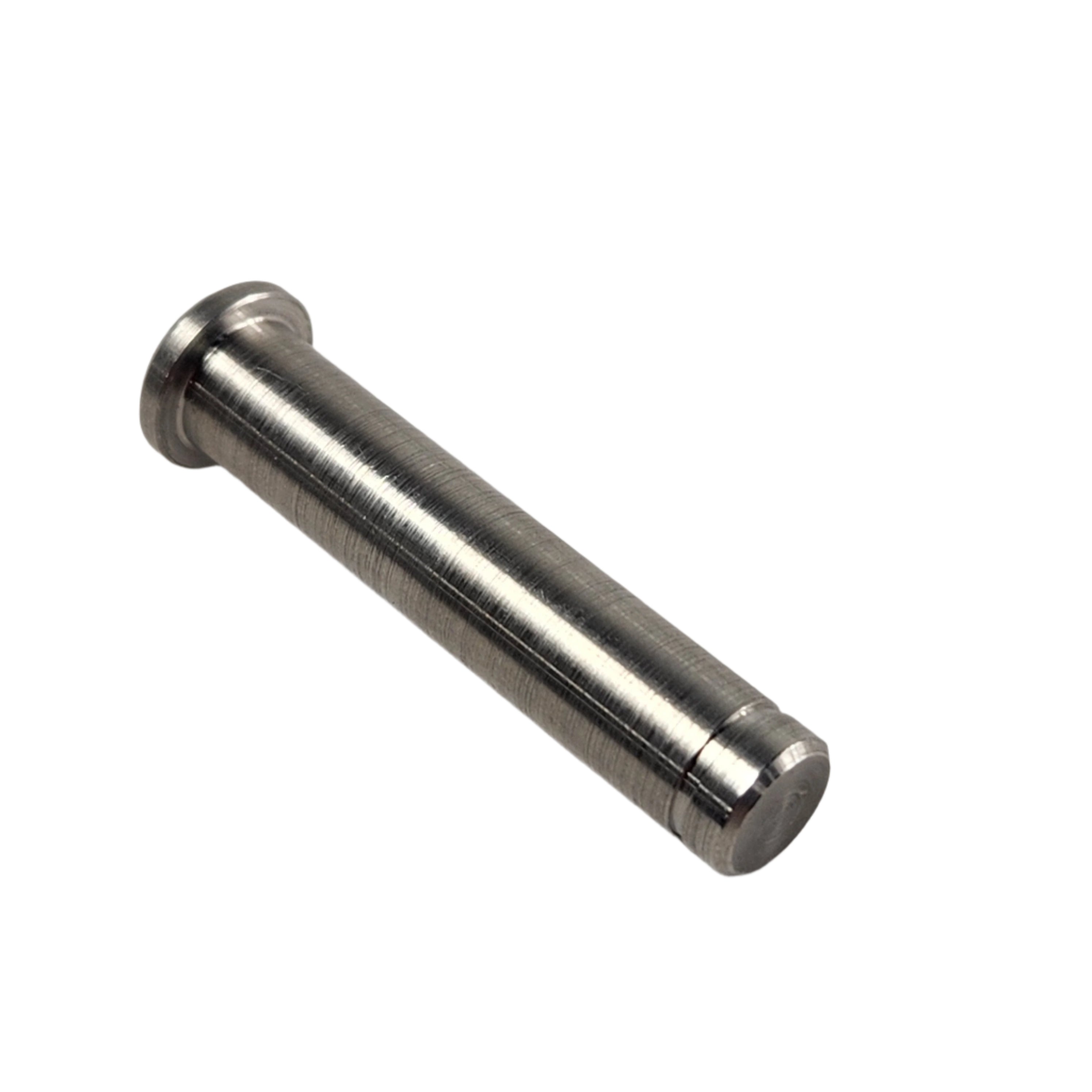 The Pivot Pin by Polaris is a shiny, cylindrical metal pin with a flanged head on one end. Built to Polaris OEM quality standards, its shown isolated on a white background.