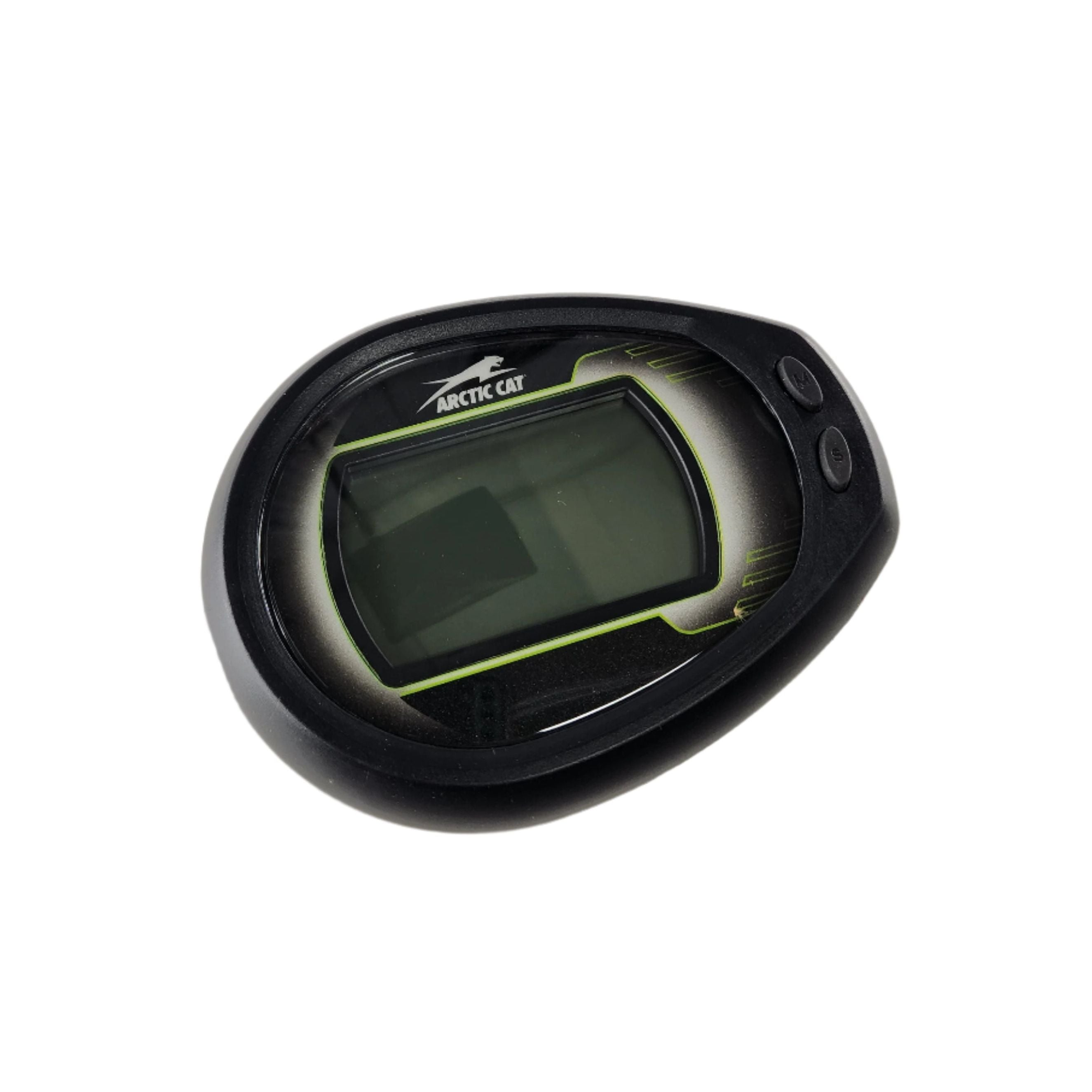 A black Gauge, Analog/Lcd By Arctic Cat with a display screen and two right-side buttons, on a white background. OEM part #0520-199.