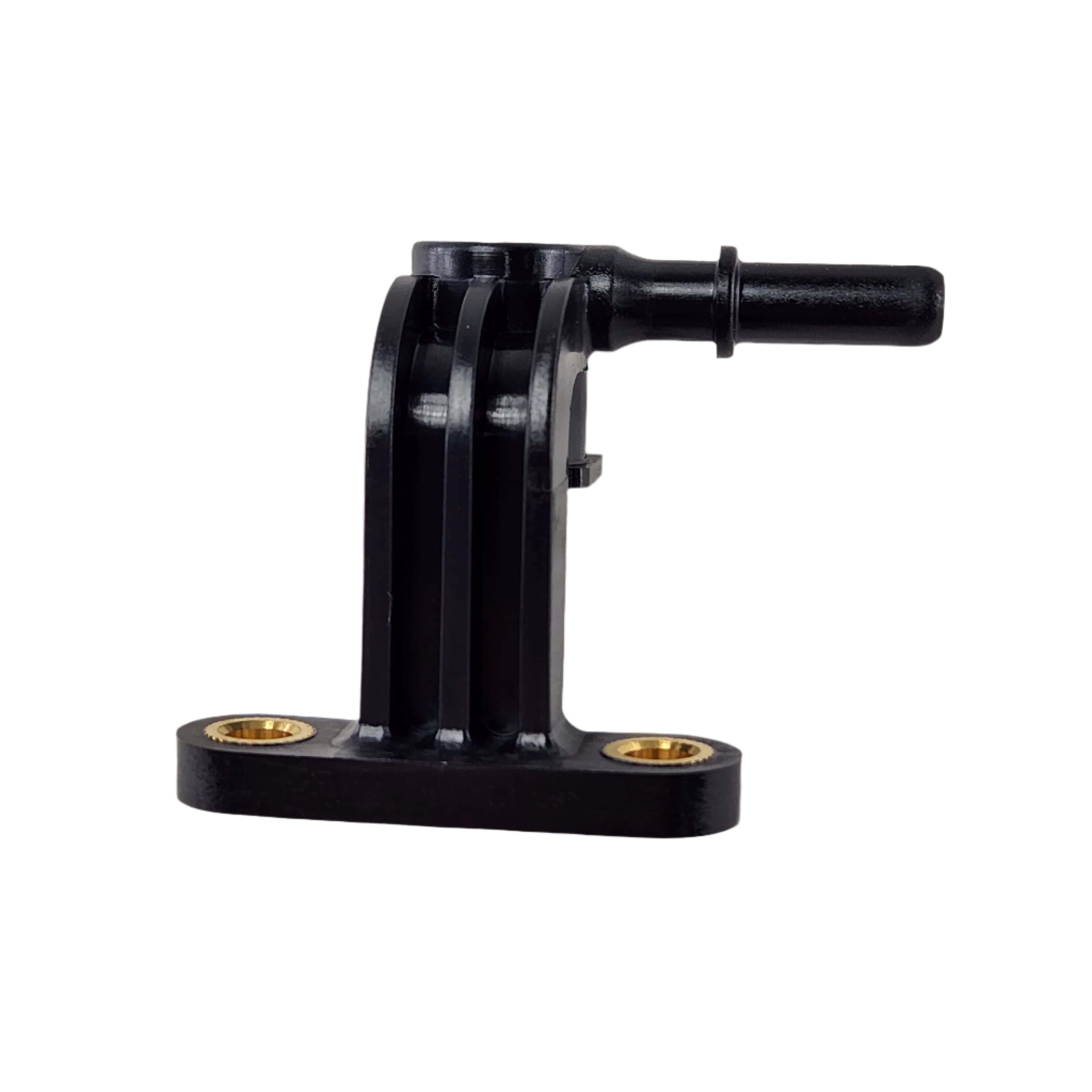 Black plastic mounting bracket with two gold-colored screw inserts, a vertical support, and a horizontal cylindrical extension; OEM Rail, Fuel (16 443 Ky) by Arctic Cat for UTVs or other off-road vehicles, shown on white background.