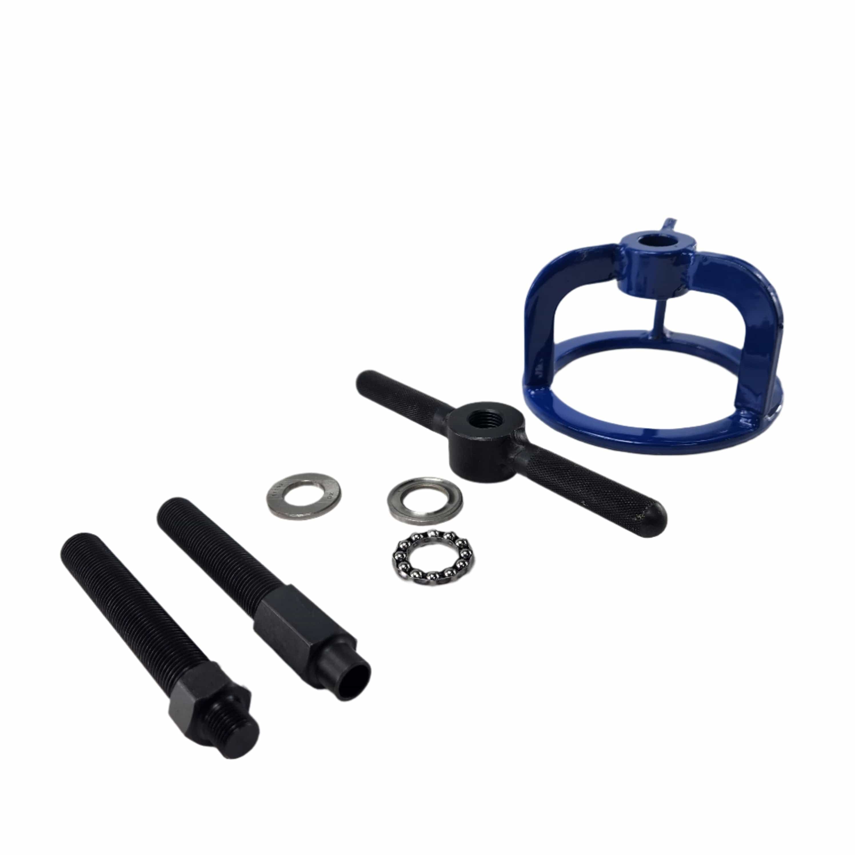 The Clutch Spring Compression Tool by Witchdoctors, featuring a blue circular bracket, black T-handle, threaded bolts, washers, and a ball bearing ring, is shown laid out on a white background.