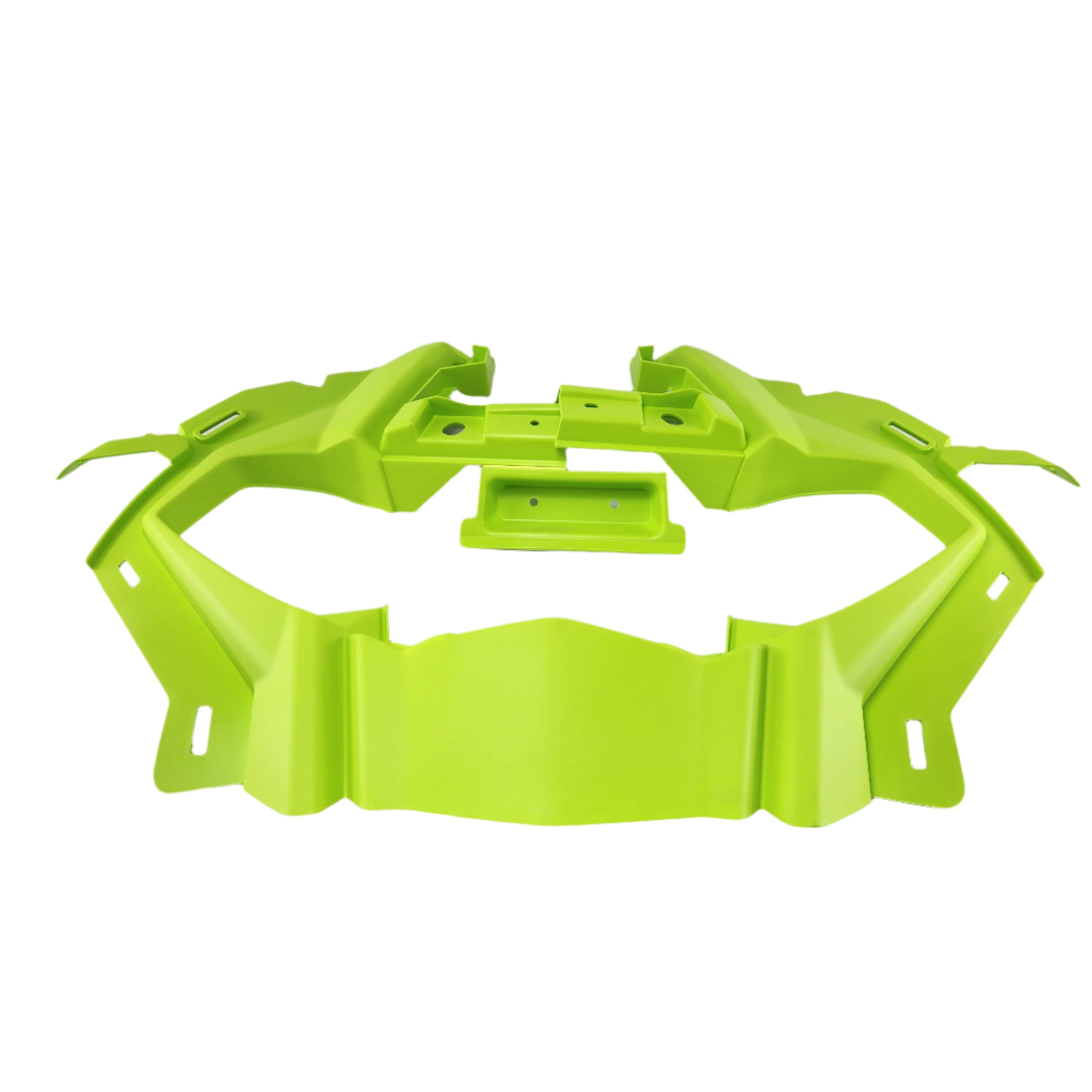 Manta Green Front Panel by Can-Am, made of durable plastic, arranged on a white background. Its angular design and multiple mounting holes make it perfect as an OEM replacement part for your UTV.