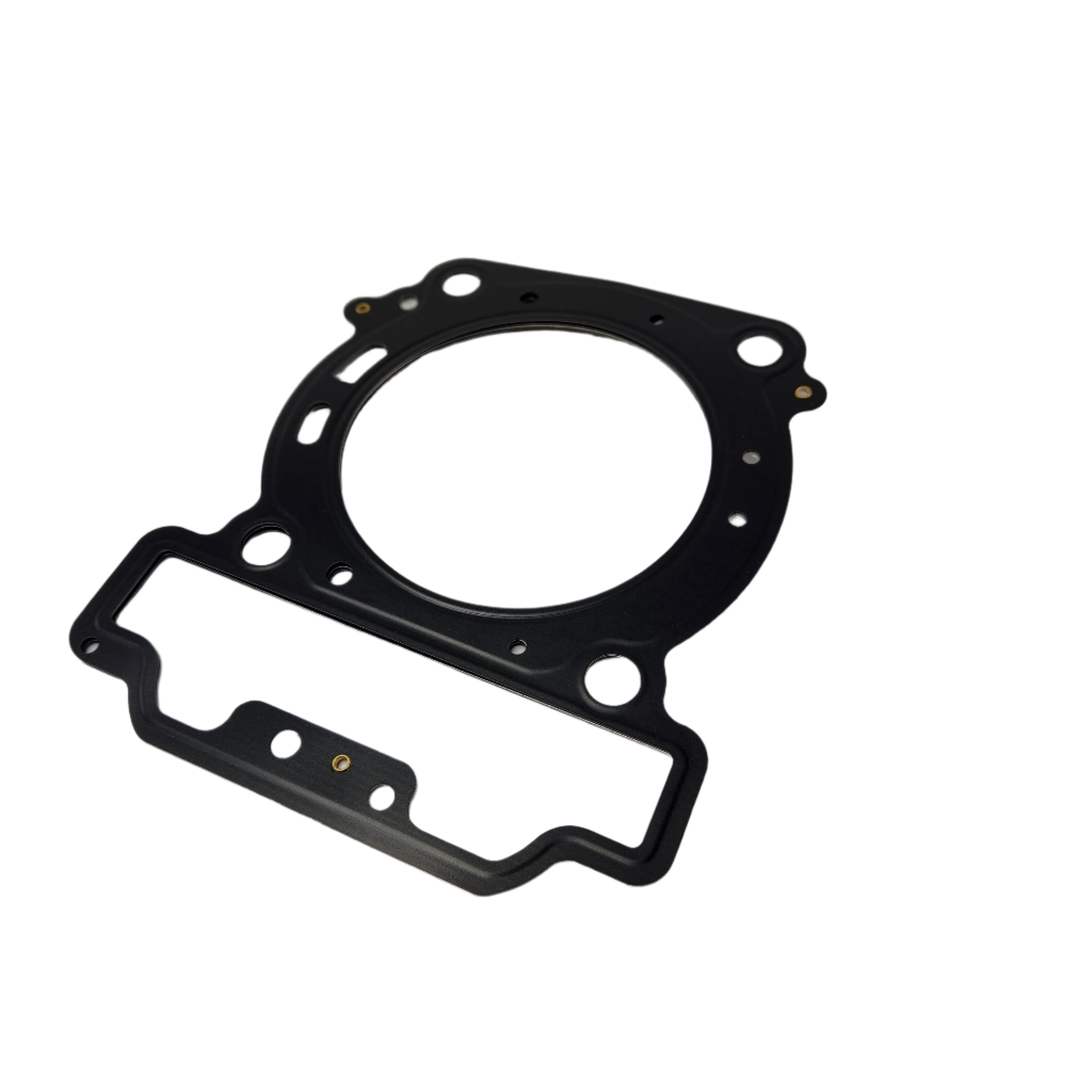 A black metal Gasket Cylinder Head by CFMOTO with multiple holes and cutouts is shown on a white background, suitable as OEM 0800-022200-00002 for CFMOTO UTV parts.