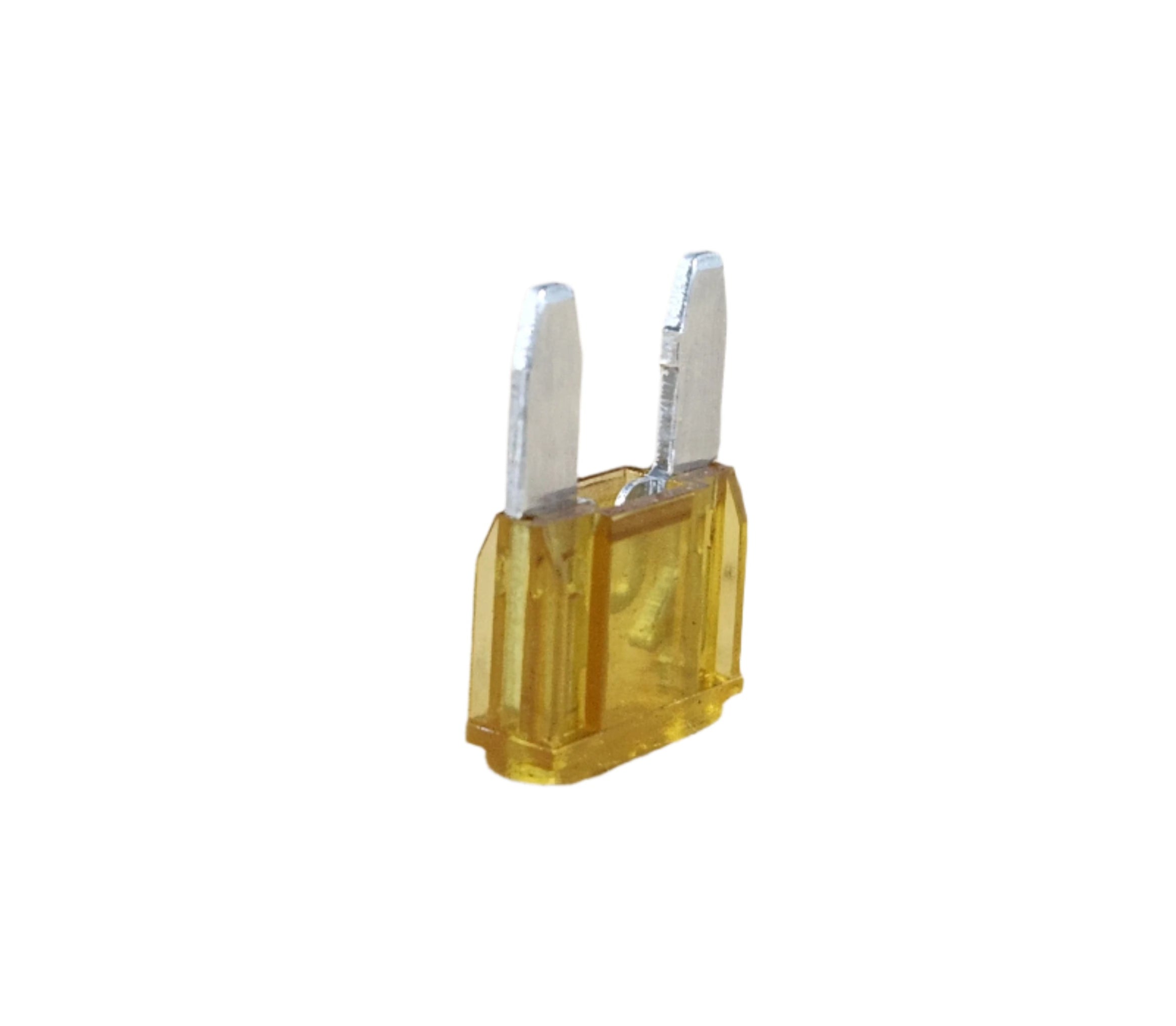 A close-up photo of the Fuse, Park, 20 Amp by Polaris—a yellow automotive blade fuse with two metal prongs—an essential component for many OEM Victory Polaris parts in your Victory motorcycle.