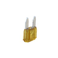 A close-up photo of the Fuse, Park, 20 Amp by Polaris—a yellow automotive blade fuse with two metal prongs—an essential component for many OEM Victory Polaris parts in your Victory motorcycle.